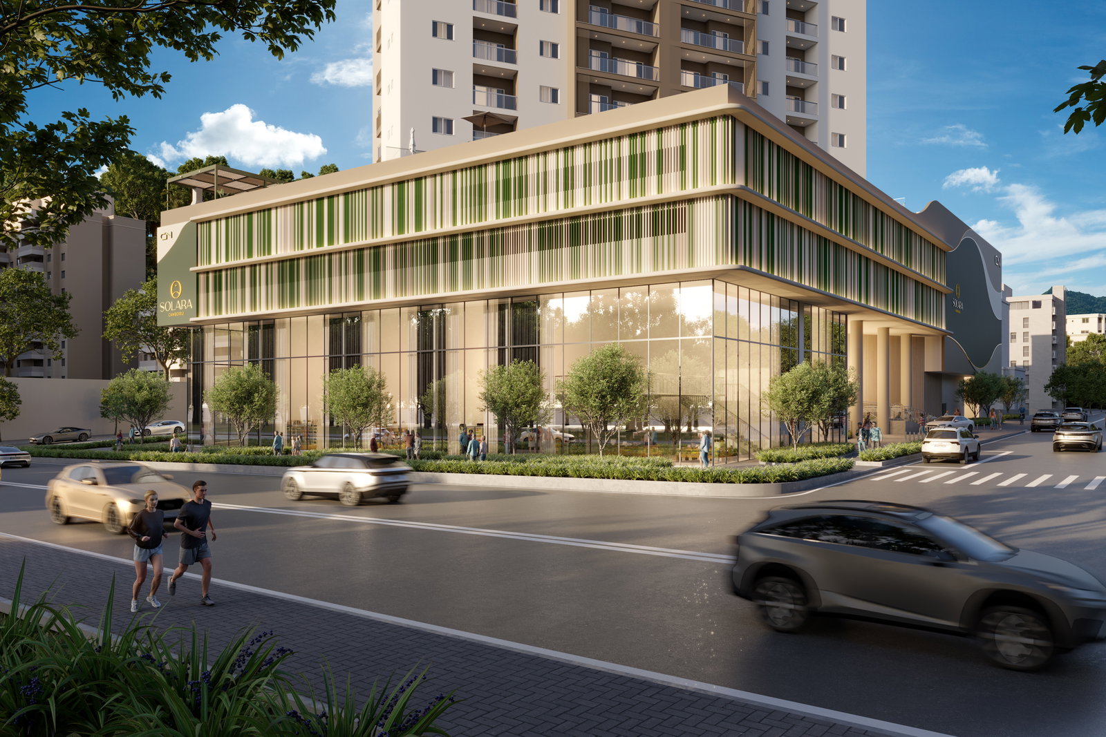 Rua com calçada e empreendimento Solara Camboriú no Tabuleiro, Camboriú SC, cidade que investe em obras de mobilidade
