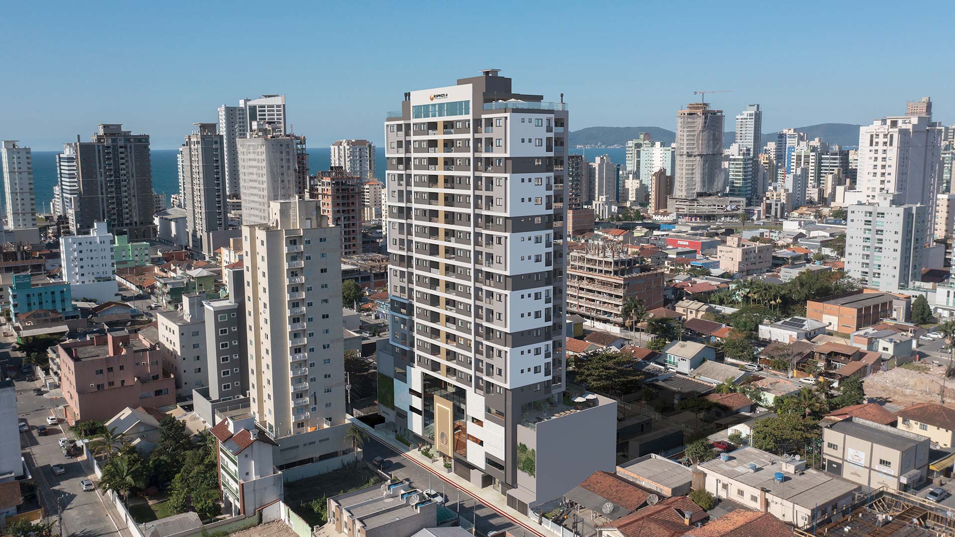 Vista aérea do The Sands, na Rua 416, em Morretes, Itapema, SC — rua que recebe obras de drenagem do Avança Itapema