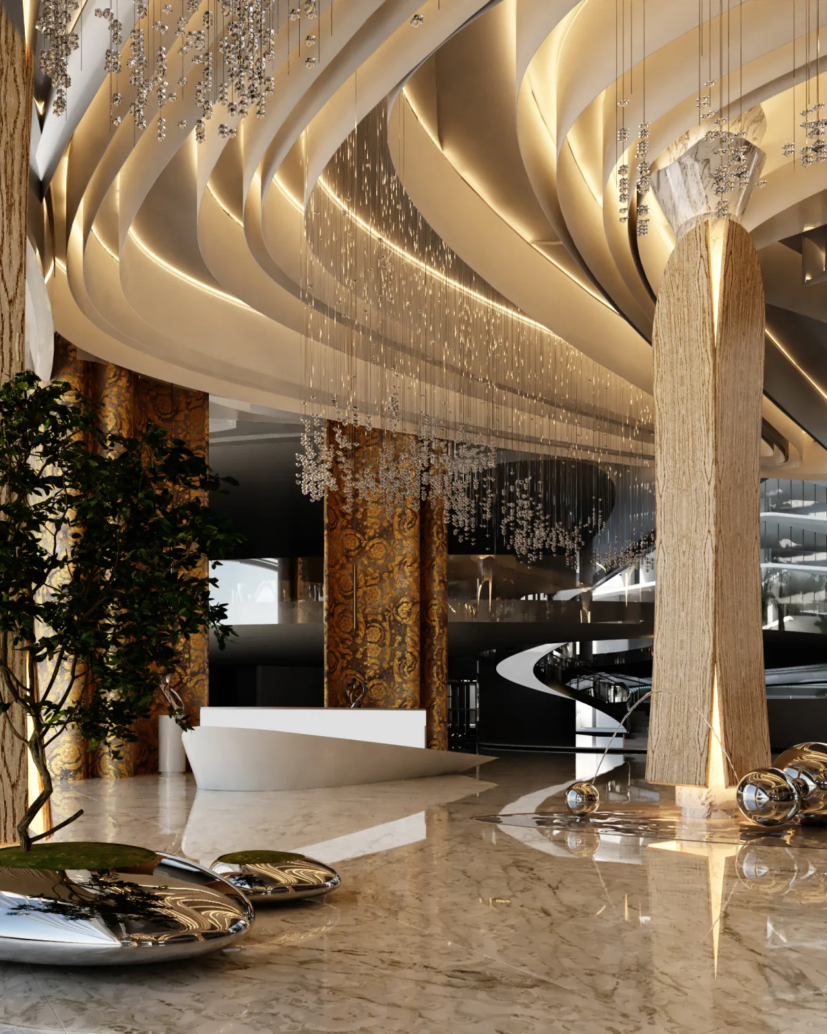 Render 3D do Majestic Hall — lobby do Atmosphere Home Spa