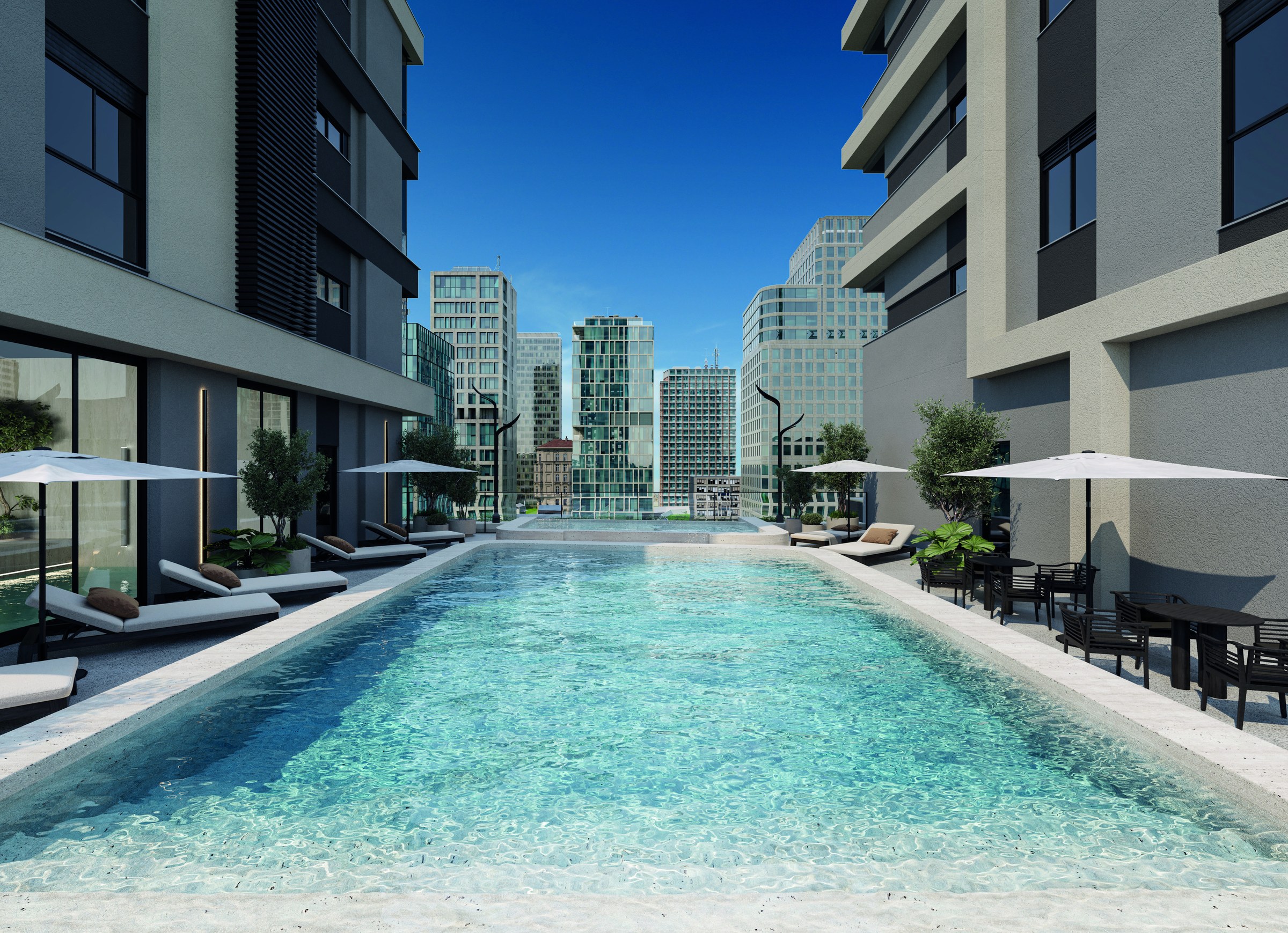 Ammos 104 — piscina com deck e ombrelones, Zimmermann, Balneário Perequê, Porto Belo SC Ammos 104 — piscina com deck e ombrelones, Zimmermann, Balneário Perequê, Porto Belo SC