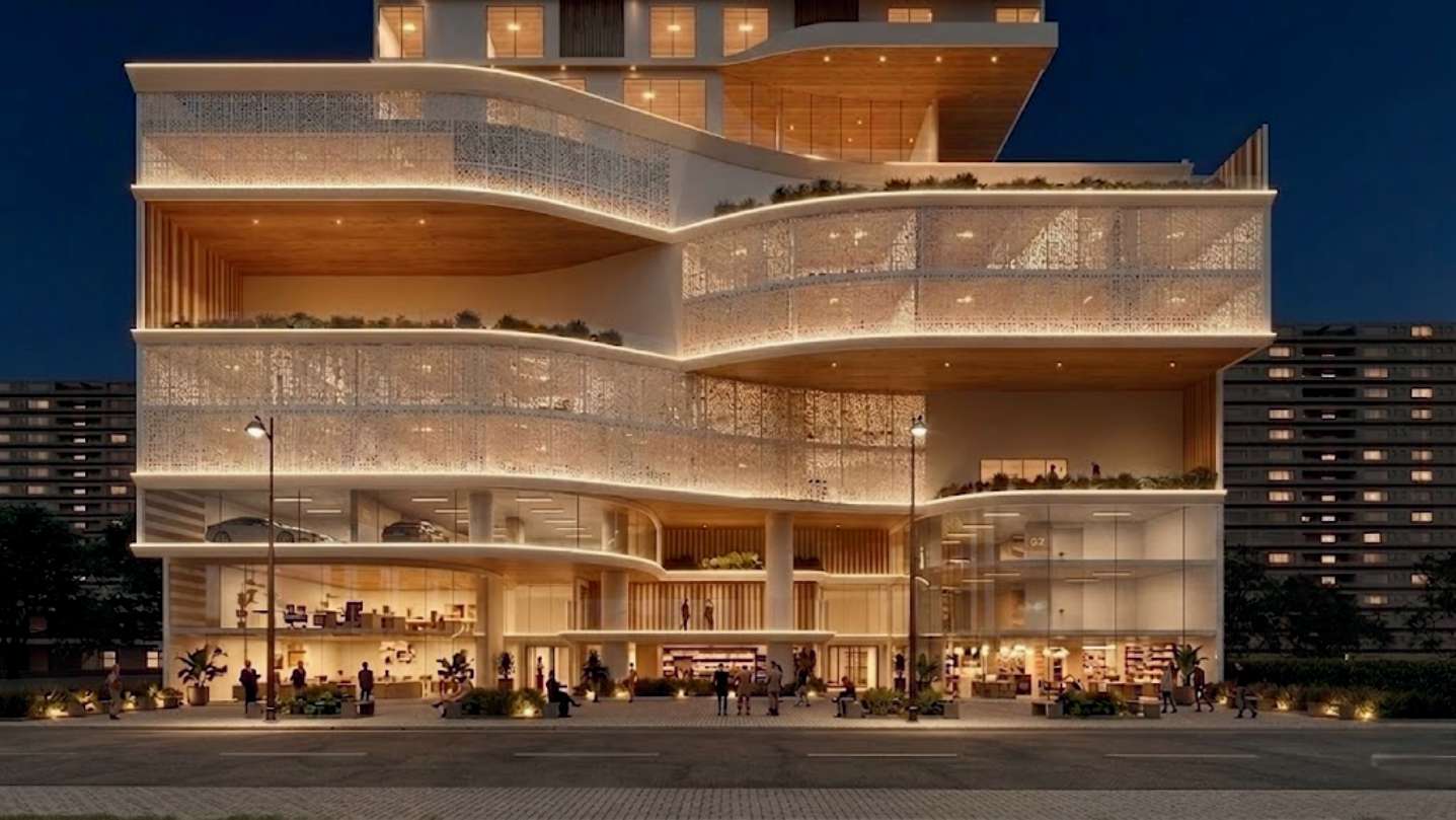 Arise Home Living — fachada do boulevard comercial à noite, Porto Belo SC
