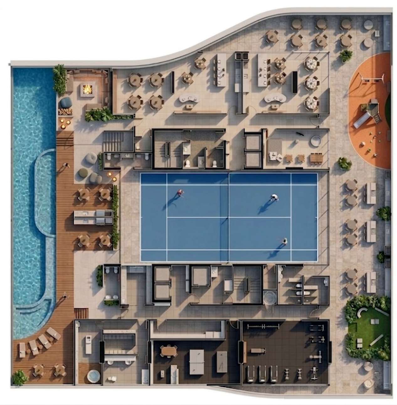 Arise Home Living — planta humanizada do lazer com piscina e quadra de padel