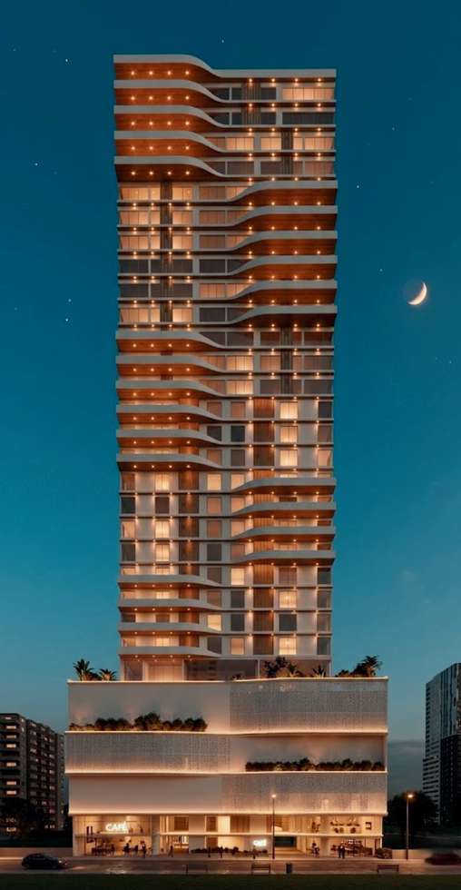 Arise Home Living — vista frontal da torre com 113 metros de altura