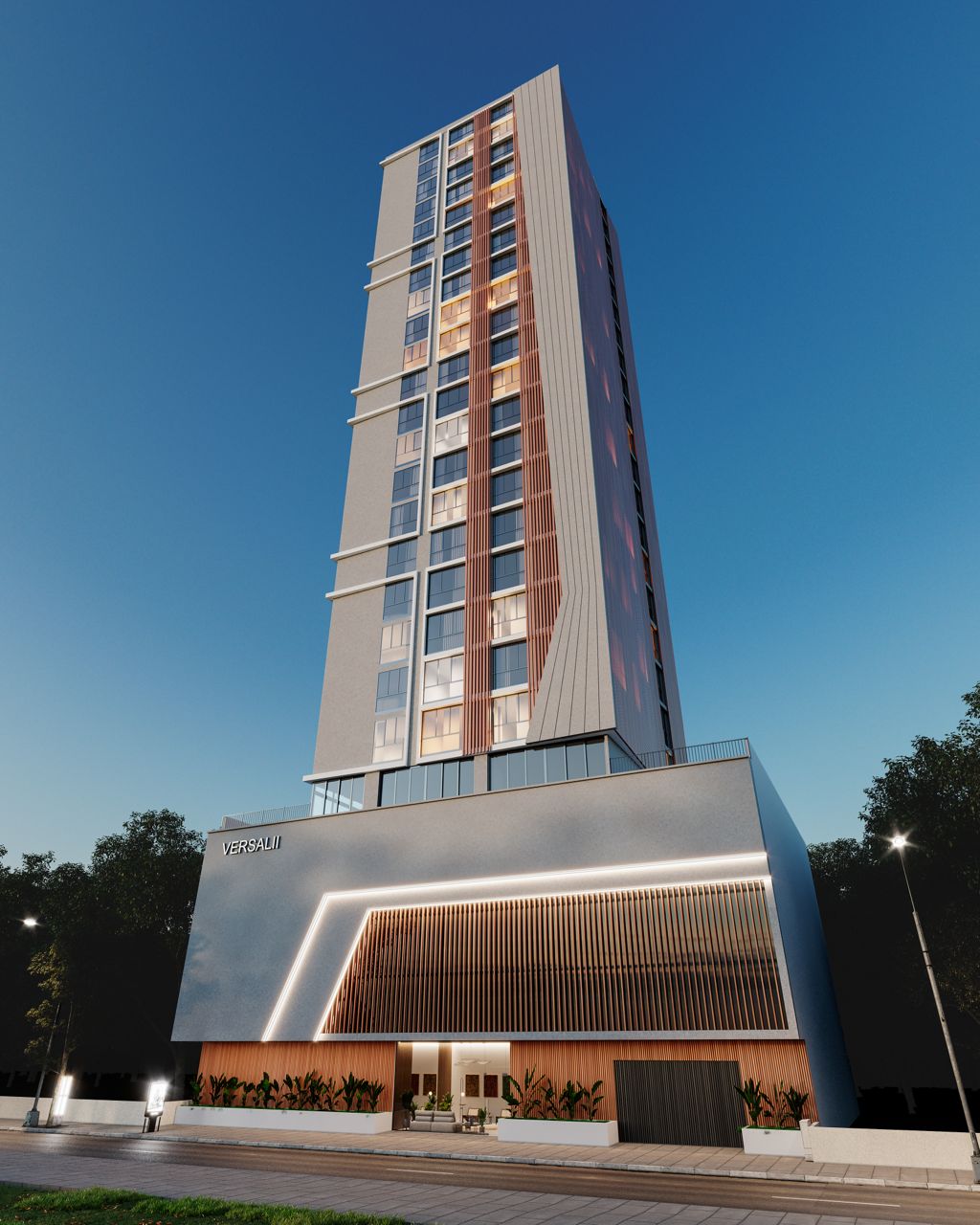Azure — fachada noturna com iluminação integrada, Versalii, Porto Belo SC