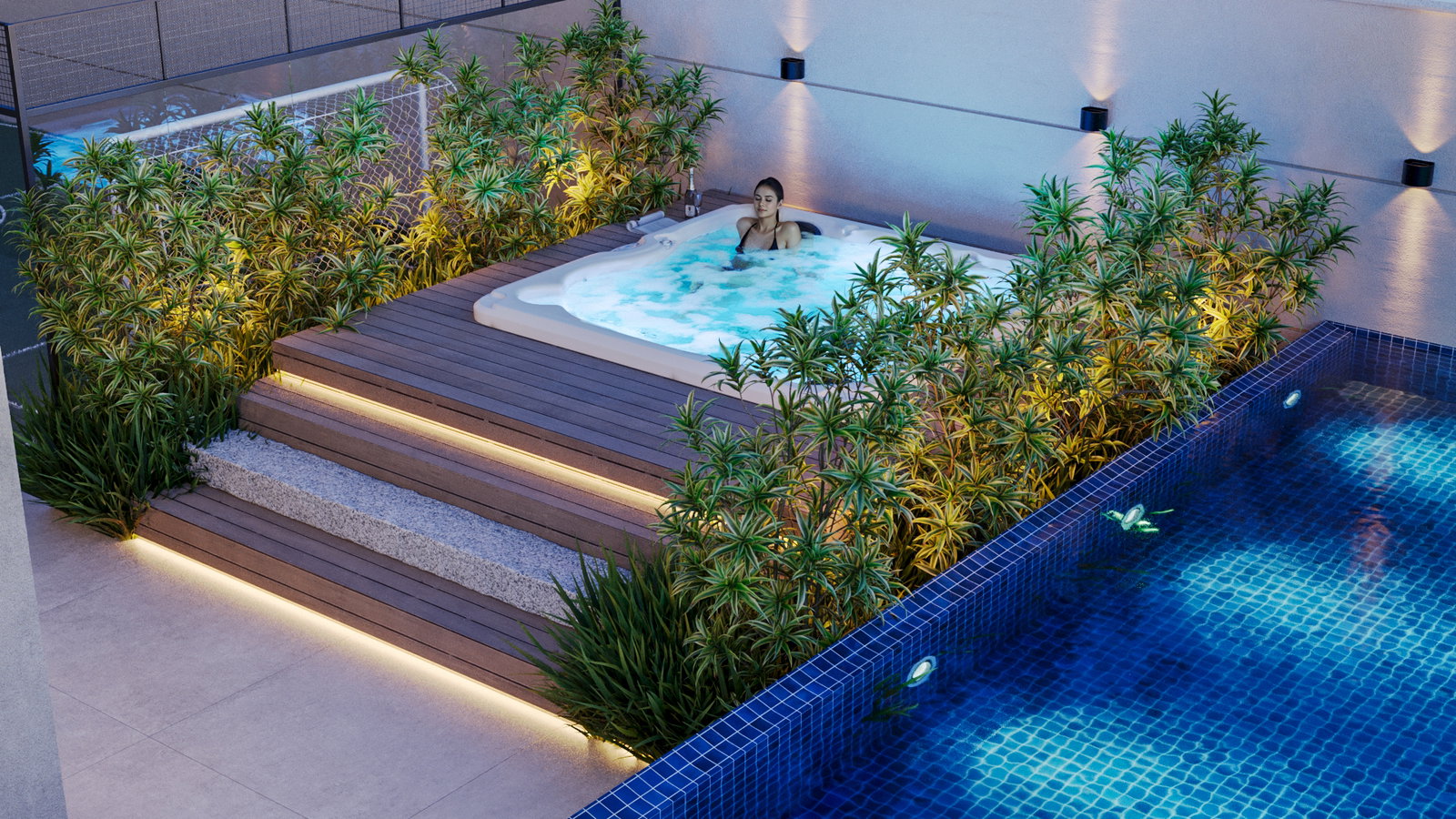 Azure — piscina e hidromassagem à noite