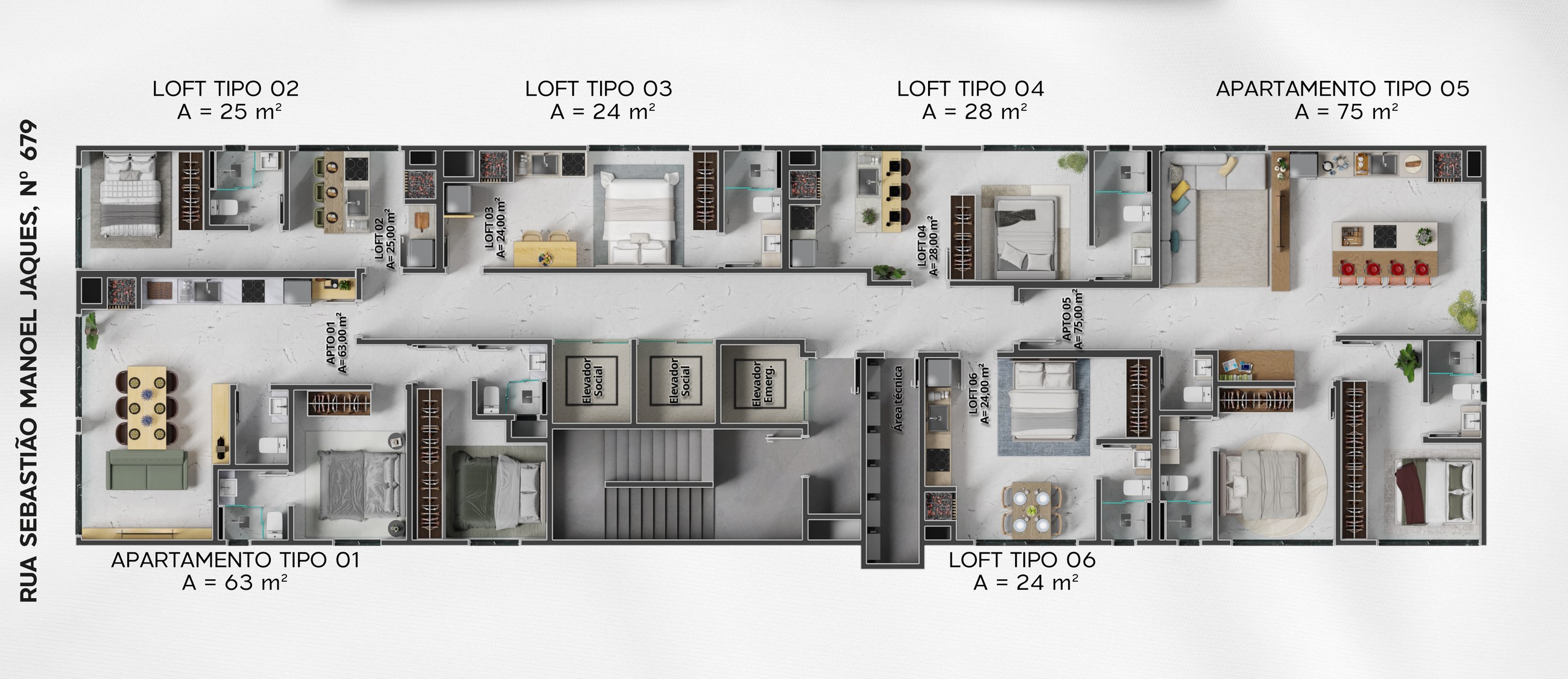 Balas Horizon — planta dos apartamentos e lofts da Torre A, de 24 a 75 m²