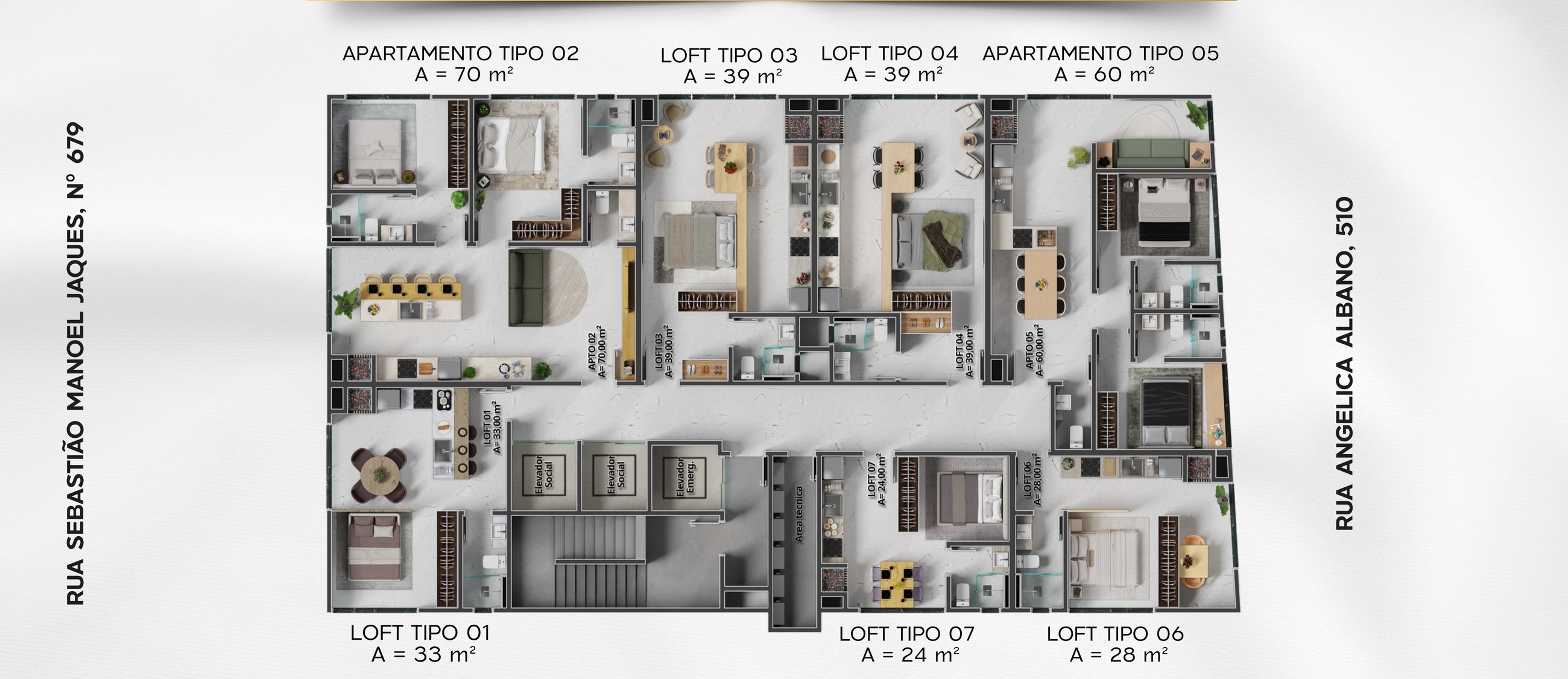Balas Horizon — planta dos apartamentos e lofts da Torre B, de 24 a 70 m²