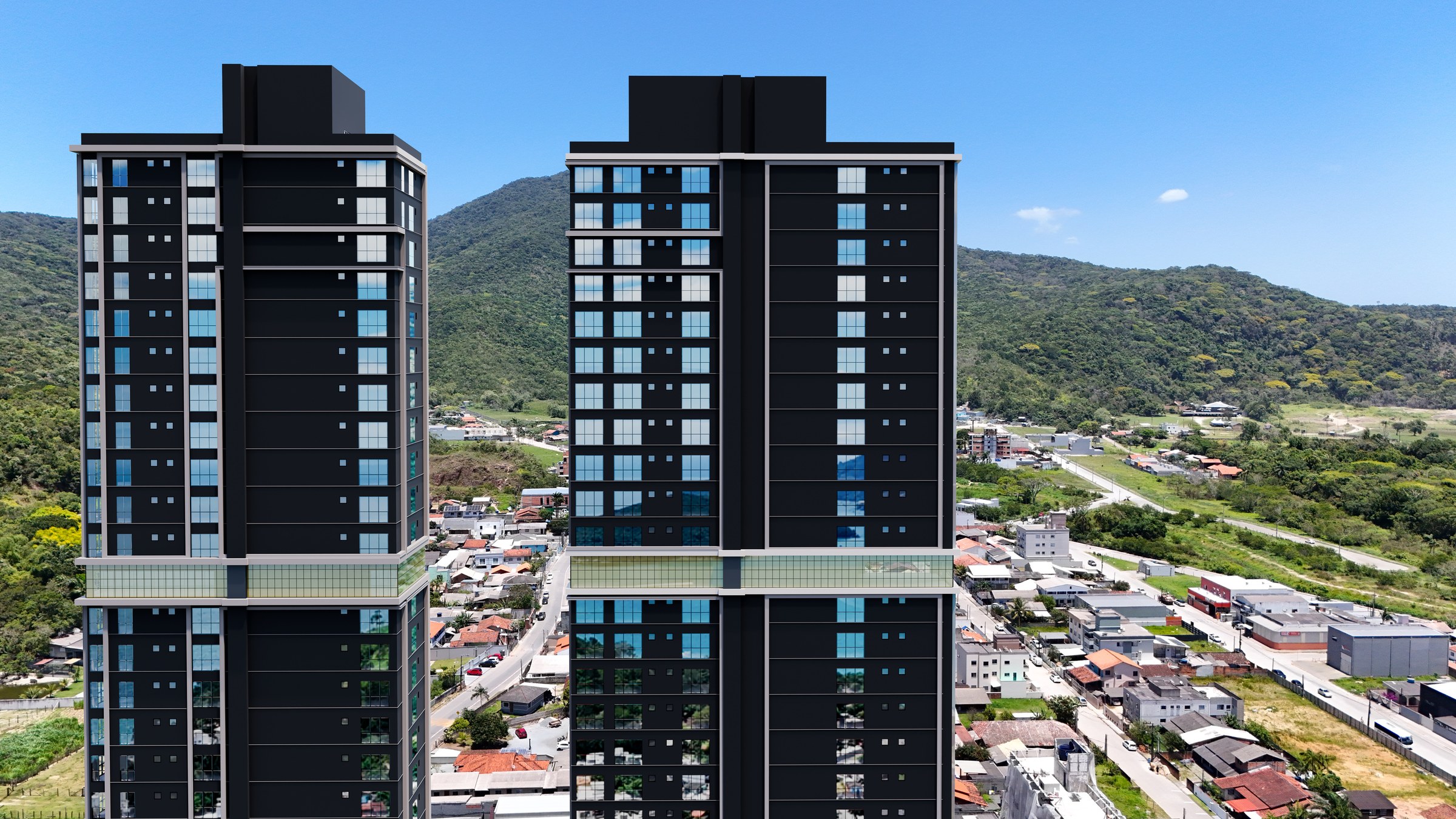 Balas Horizon — as duas torres de 31 pavimentos em vista aérea próxima