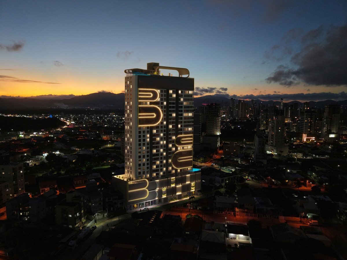 Fachada noturna do Balas Tower, empreendimento da B.Balas no Perequê, Porto Belo