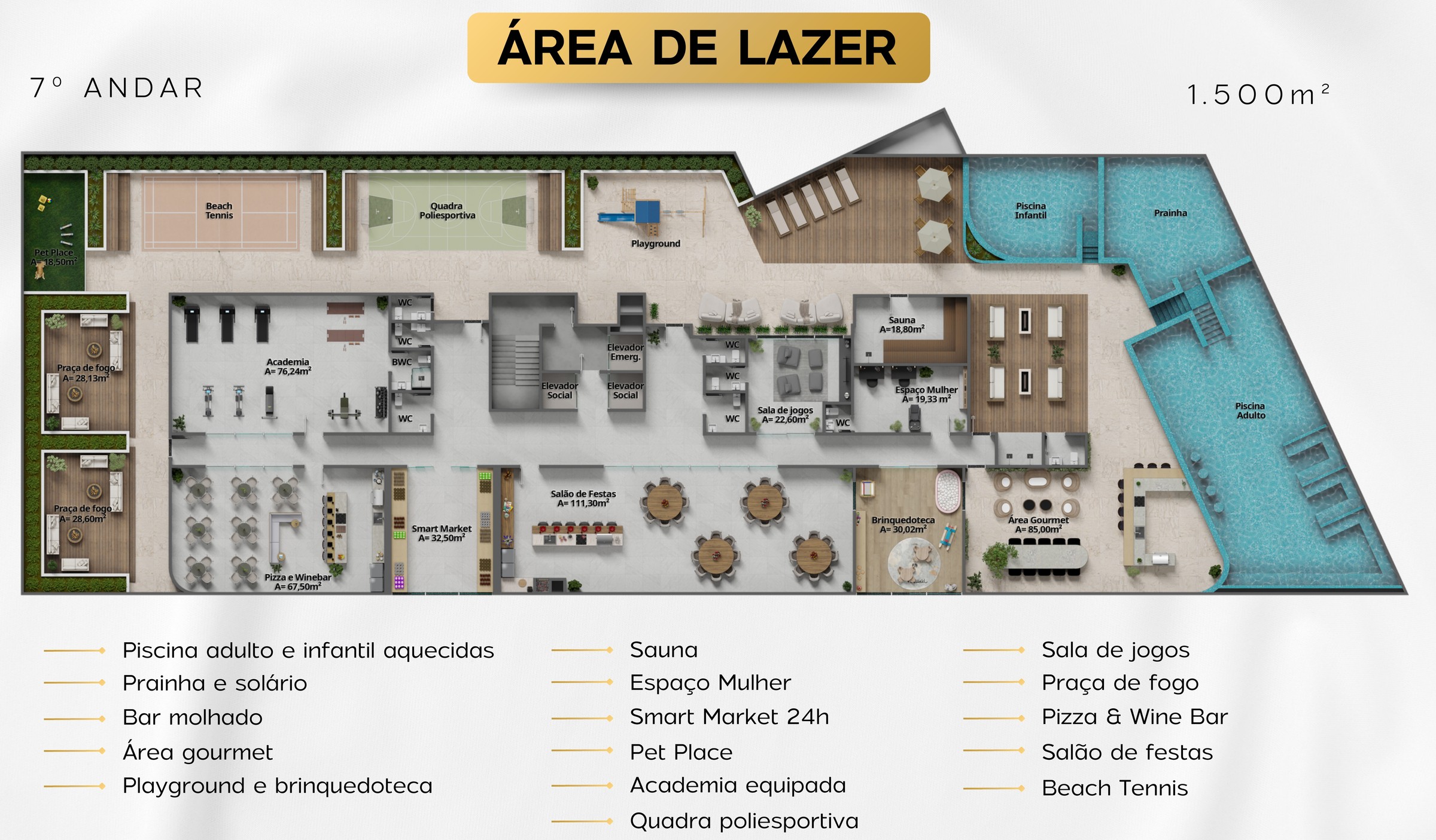 Balas Tower — Planta humanizada da área de lazer do 7º andar, B.Balas Construtora e Incorporadora, Balneário Perequê, Porto Belo SC Balas Tower — Planta humanizada da área de lazer do 7º andar, B.Balas Construtora e Incorporadora, Balneário Perequê, Porto Belo SC