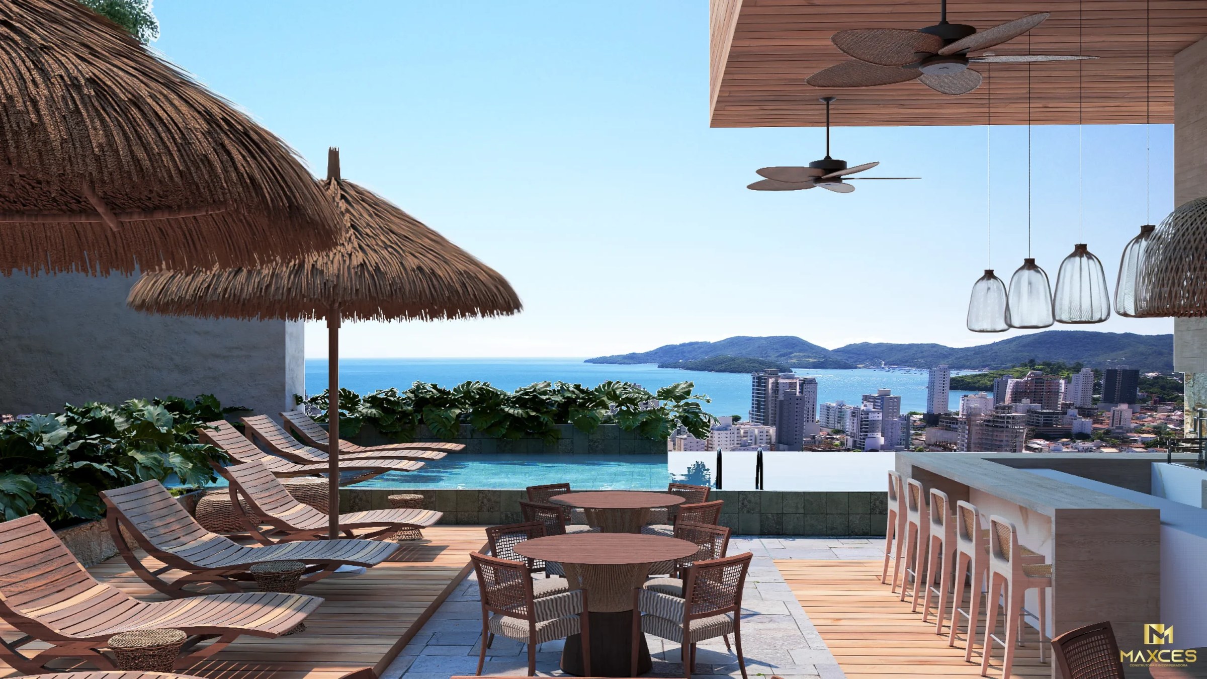 Bali Home Club — Deck da piscina com vista para o mar, Maxces, Balneário Perequê, Porto Belo SC