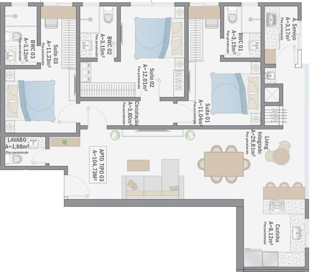 Bali Home Club — Planta do apto tipo 03, Maxces, Balneário Perequê, Porto Belo SC