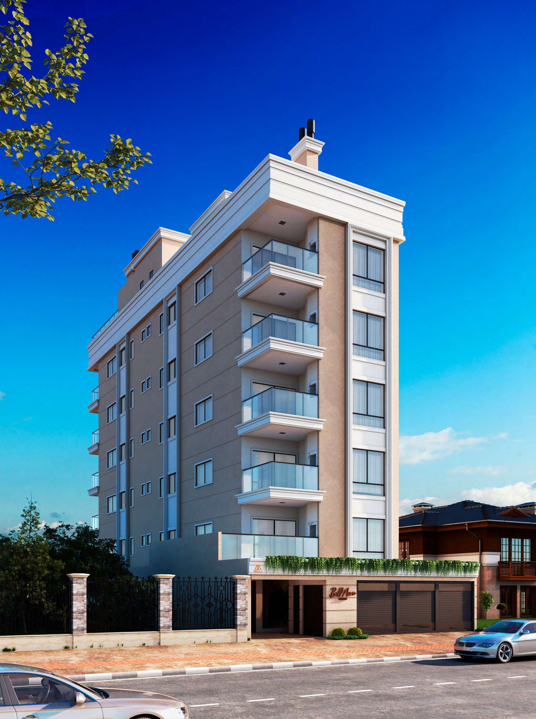 Bell Mare Residenza — fachada neoclássica do edifício pronto, Mella Construtora, Porto Belo SC