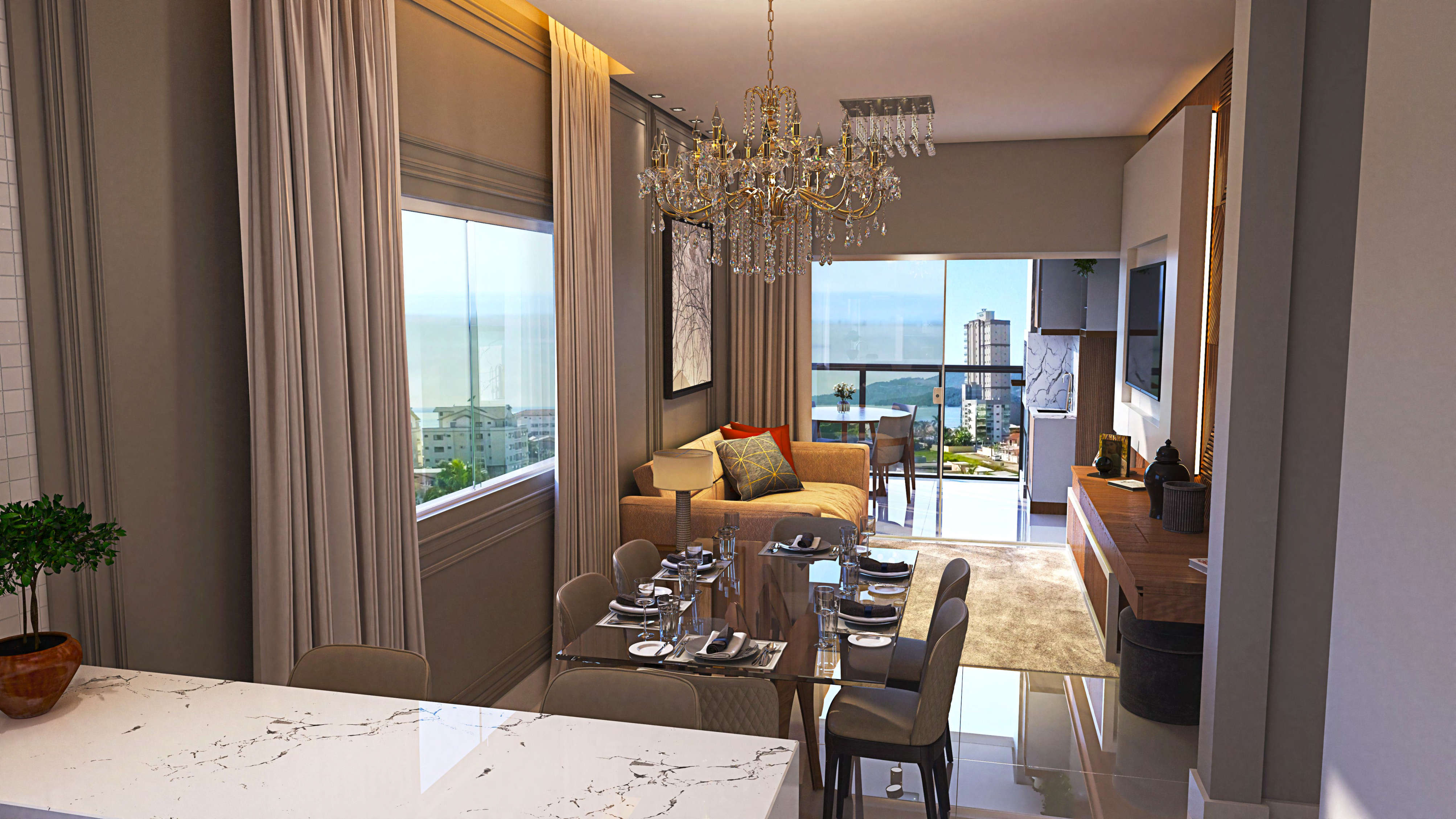 Bell Mare Residenza — living integrado do apartamento decorado