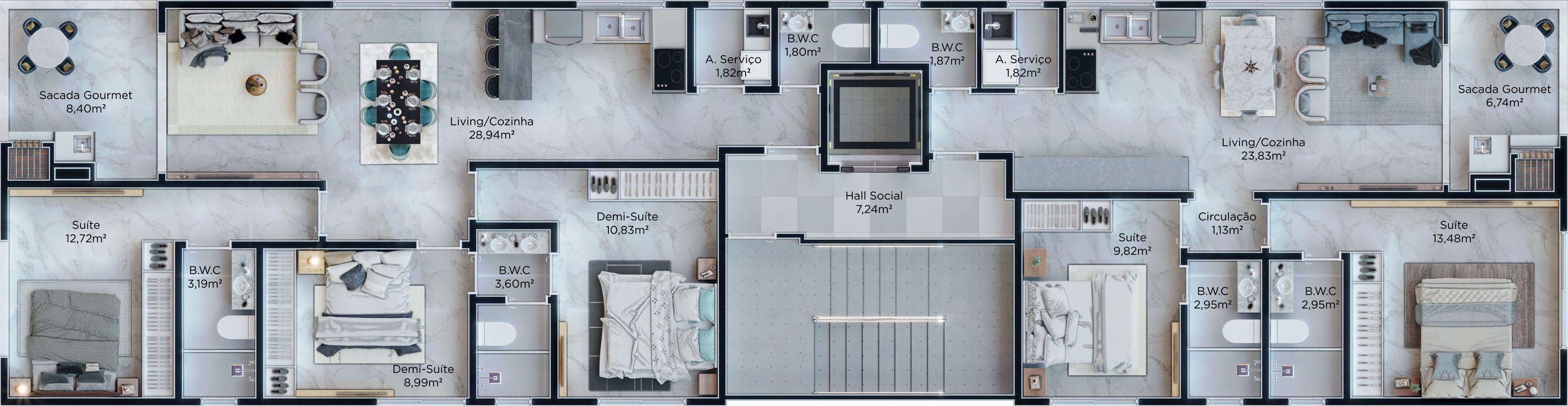 Bell Mare Residenza — planta do pavimento tipo com 2 apartamentos por andar
