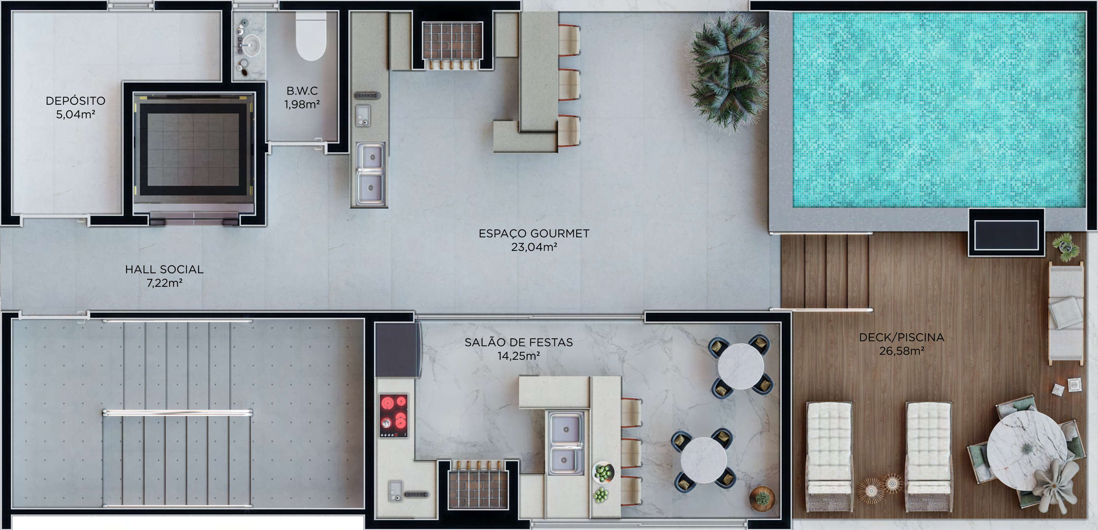 Bell Mare Residenza — planta do rooftop com piscina, salão de festas e espaço gourmet