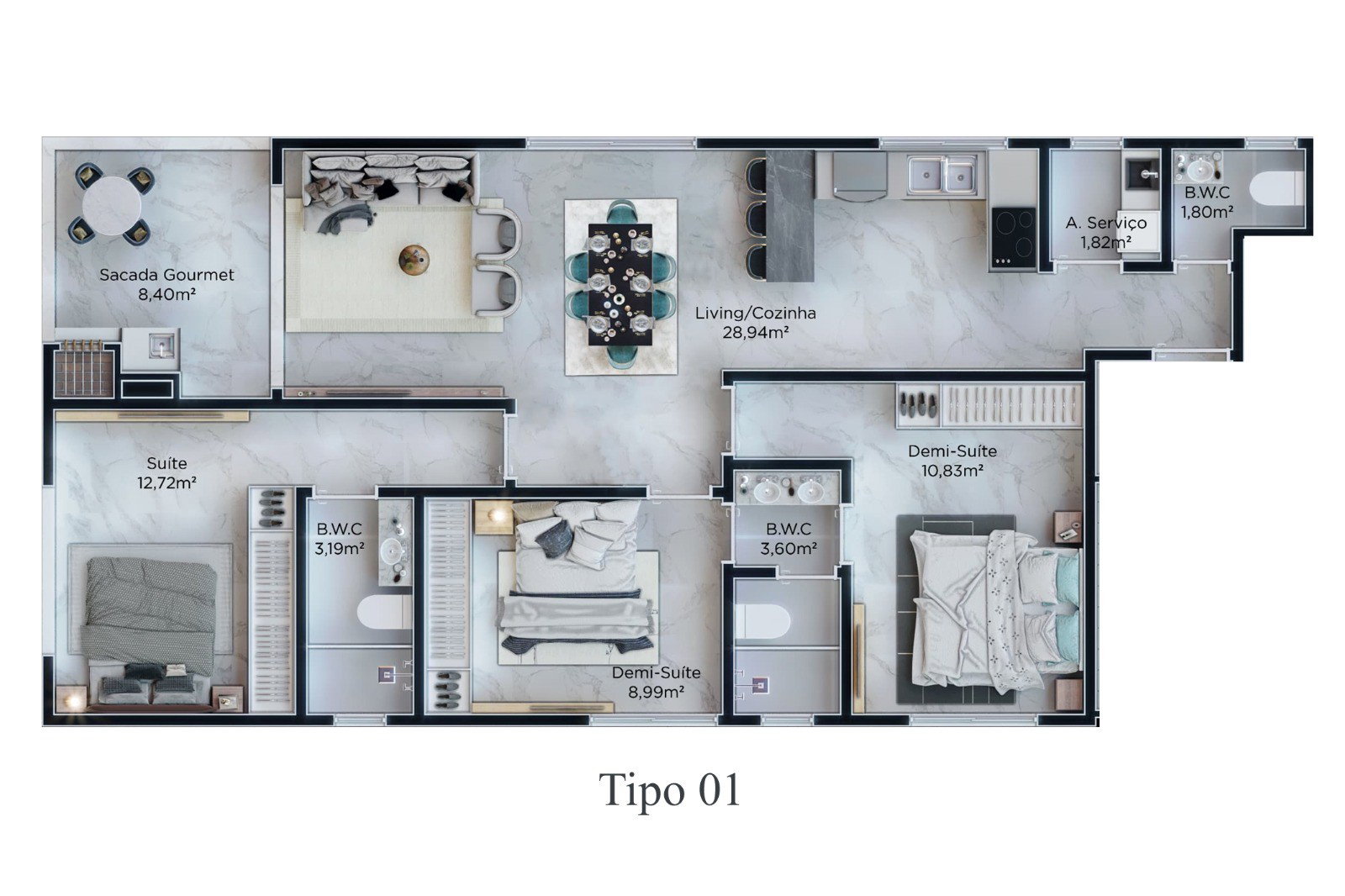 Bell Mare Residenza — planta do Tipo 01, apartamento de 3 suítes com aproximadamente 91 m²