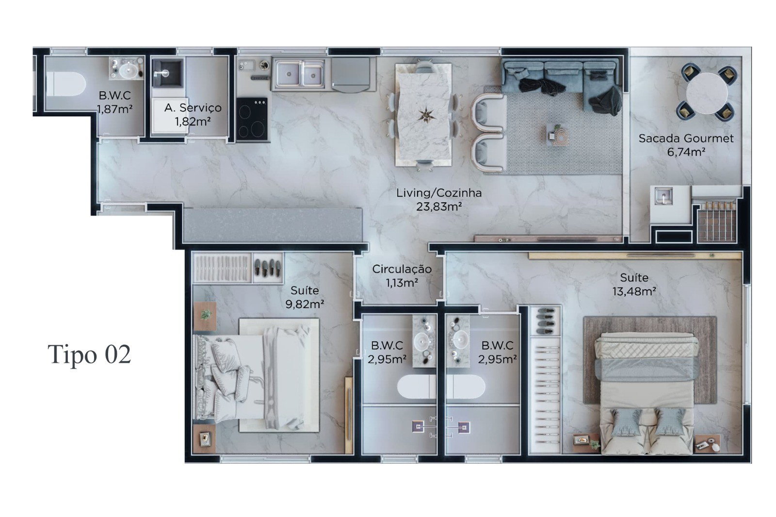 Bell Mare Residenza — planta do Tipo 02, apartamento de 2 suítes com aproximadamente 73 m², frente mar