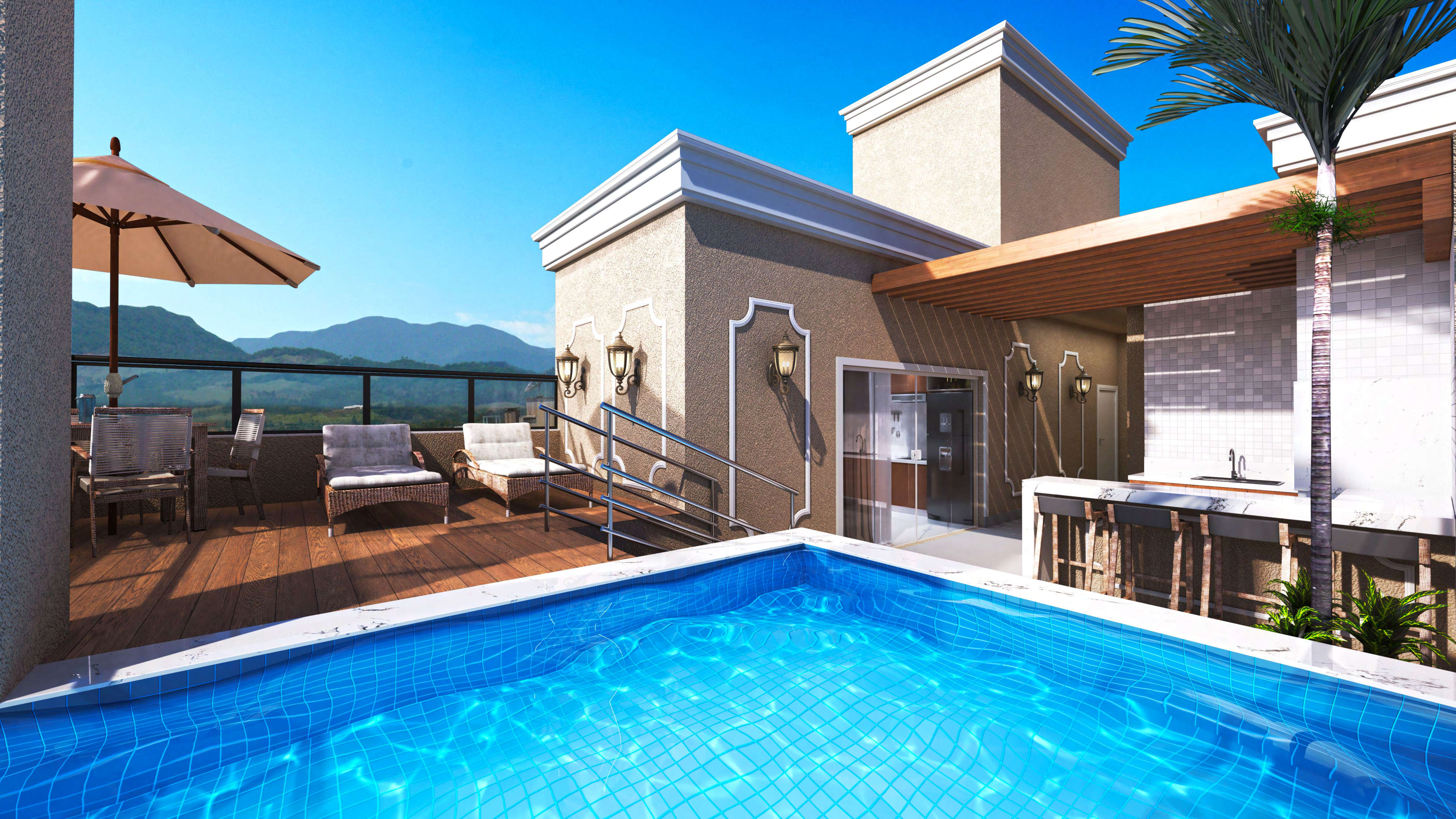 Bell Mare Residenza — rooftop com deck e piscina no último pavimento