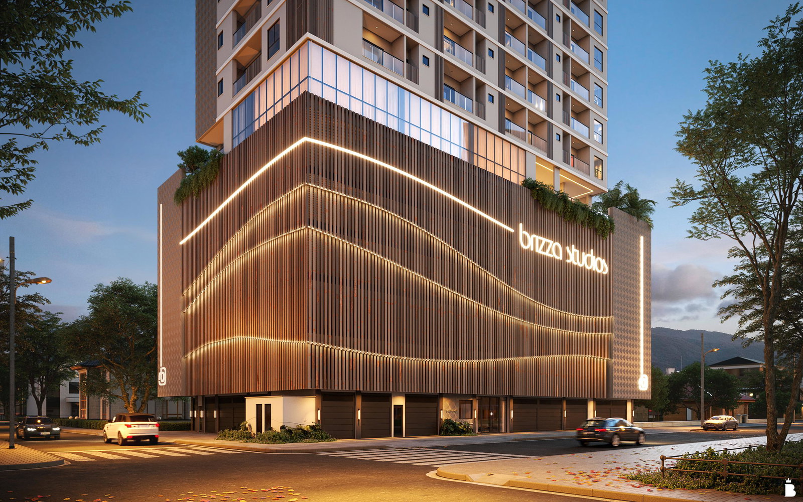 Brizza Studios — fachada noturna com iluminação integrada, RB Incorporadora, Porto Belo SC