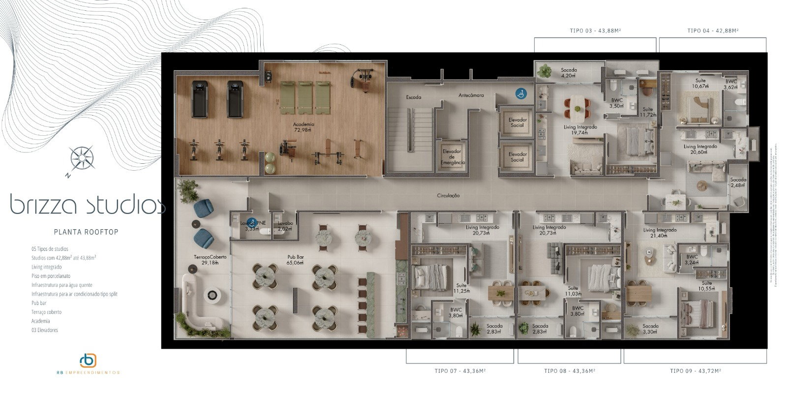 Brizza Studios — planta do rooftop com piscina, pub e salão de festas