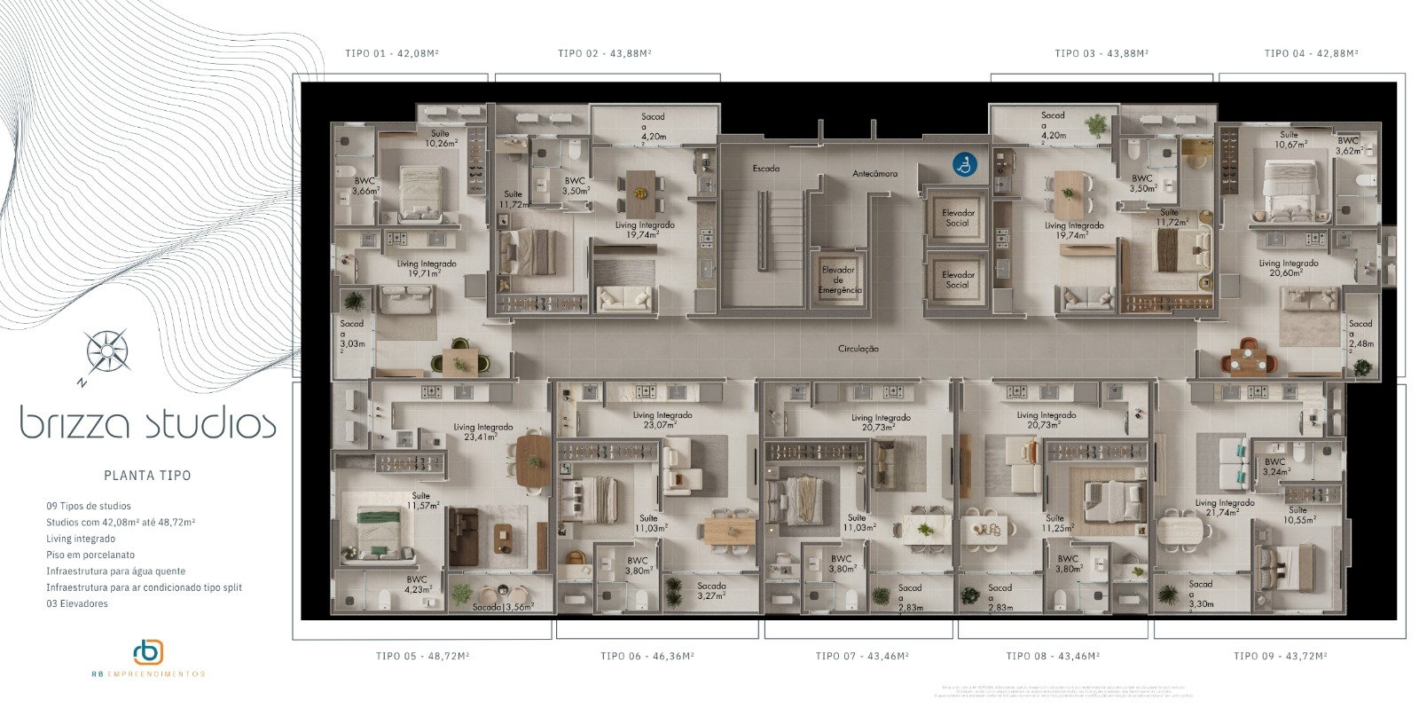Brizza Studios — planta do pavimento tipo com 9 studios por andar