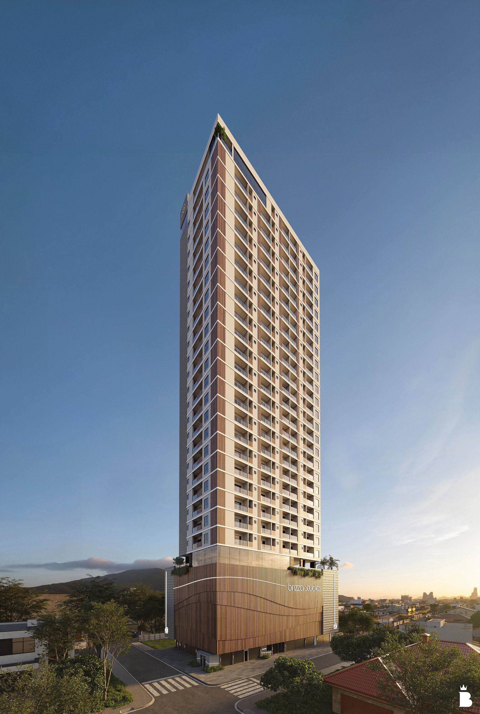 Brizza Studios — vista geral da torre de 30 pavimentos em Balneário Perequê