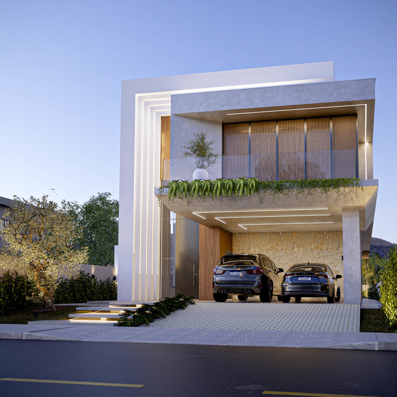 Casa Olivea — fachada ao entardecer com iluminação integrada