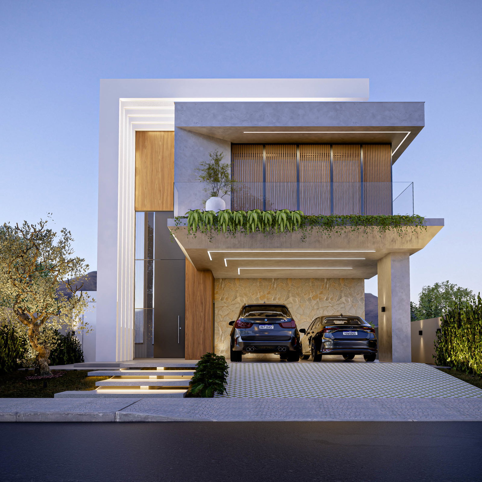 Casa Olivea — fachada frontal com garagem para 2 carros