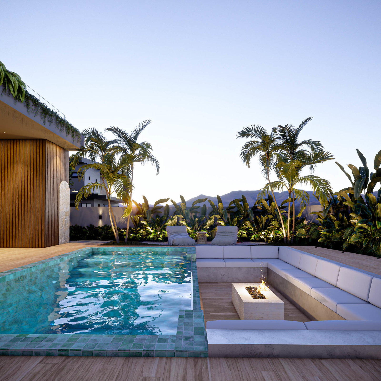 Casa Olivea — piscina com lareira externa
