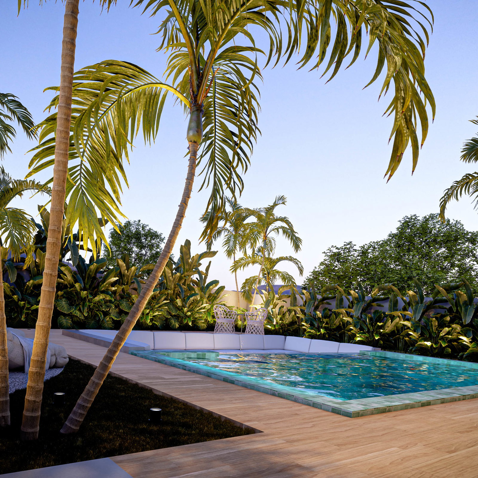 Casa Olivea — piscina com paisagismo de palmeiras
