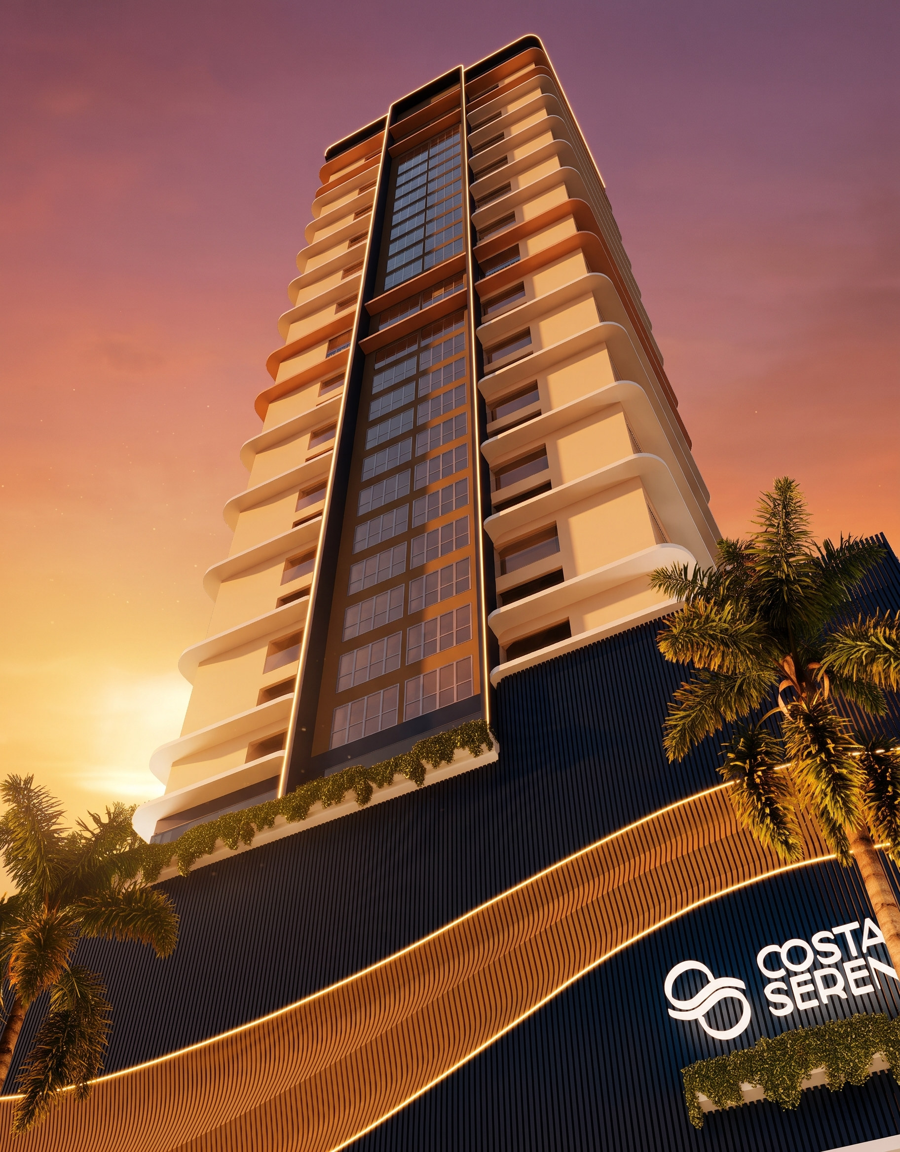 Costa Serenità — Fachada ao pôr do sol, Mella Construtora, Balneário Perequê, Porto Belo SC Costa Serenità — Fachada ao pôr do sol, Mella Construtora, Balneário Perequê, Porto Belo SC