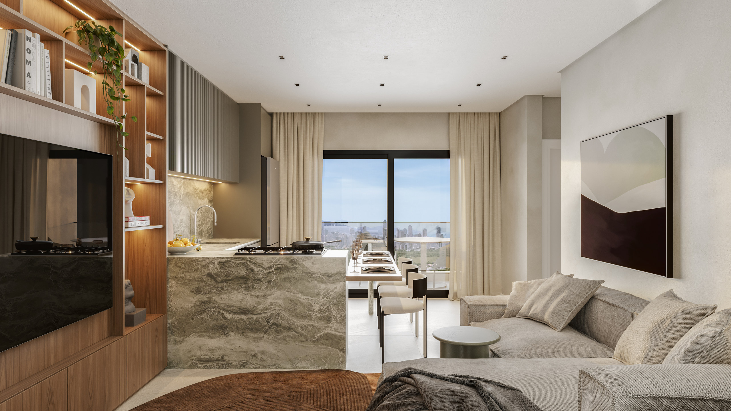 Costa Serenità — Living do apartamento Tipo 01 (68 m²), Mella Construtora, Balneário Perequê, Porto Belo SC Costa Serenità — Living do apartamento Tipo 01 (68 m²), Mella Construtora, Balneário Perequê, Porto Belo SC