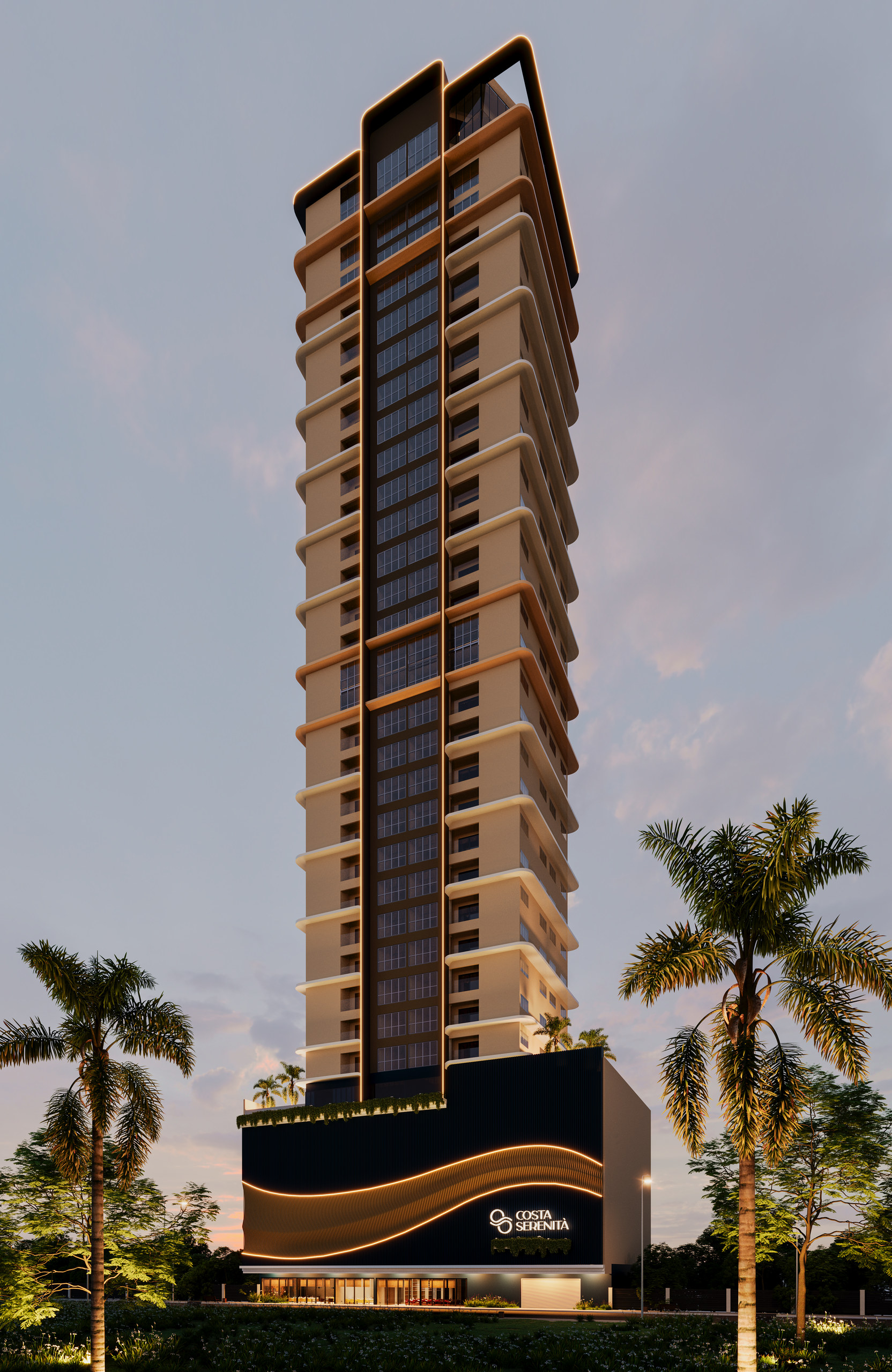 Costa Serenità — fachada noturna, Mella Construtora, Balneário Perequê, Porto Belo SC