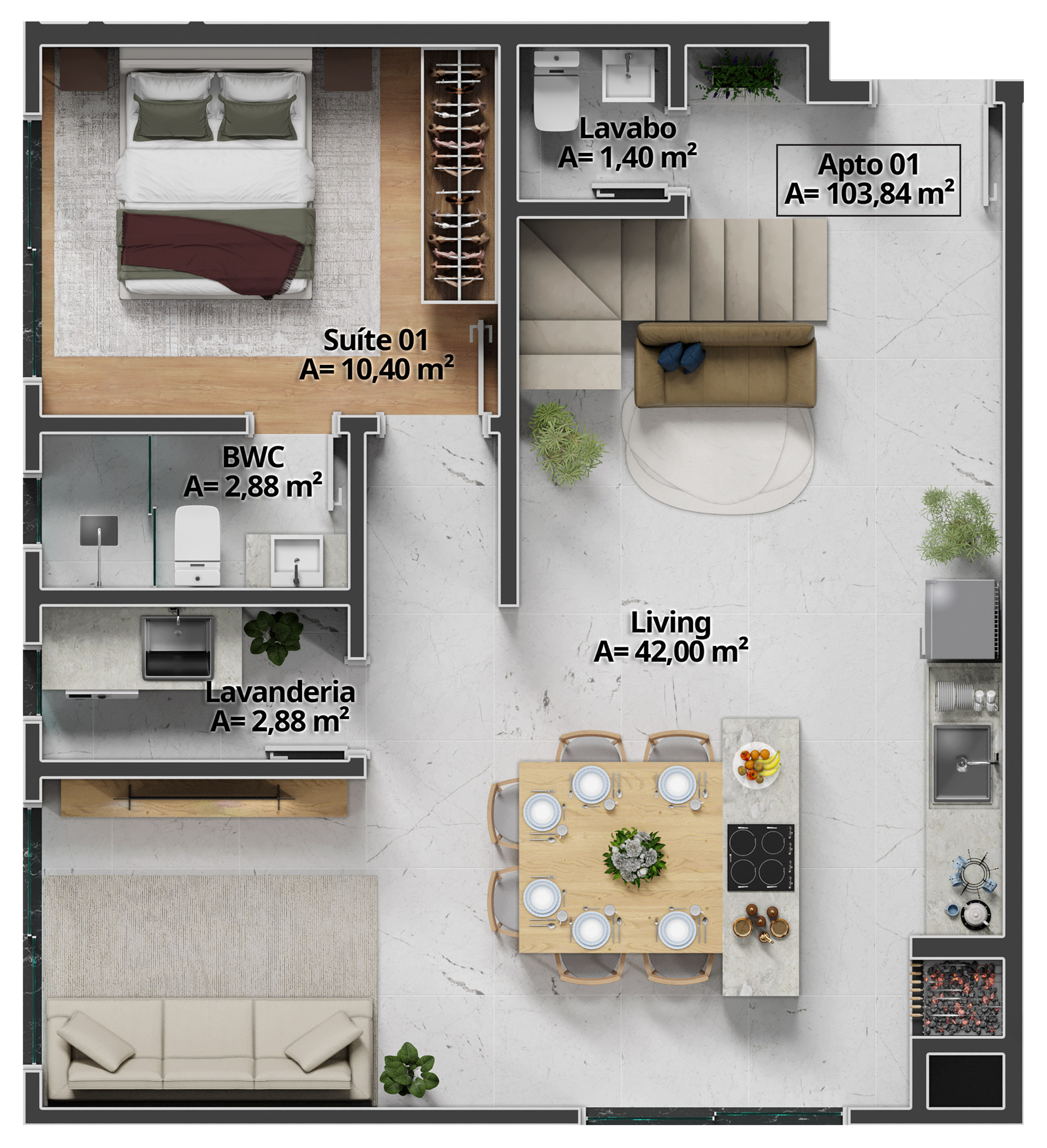 Costa Serenità — Planta do Duplex 01 (103,84 m²), Mella Construtora, Balneário Perequê, Porto Belo SC Costa Serenità — Planta do Duplex 01 (103,84 m²), Mella Construtora, Balneário Perequê, Porto Belo SC