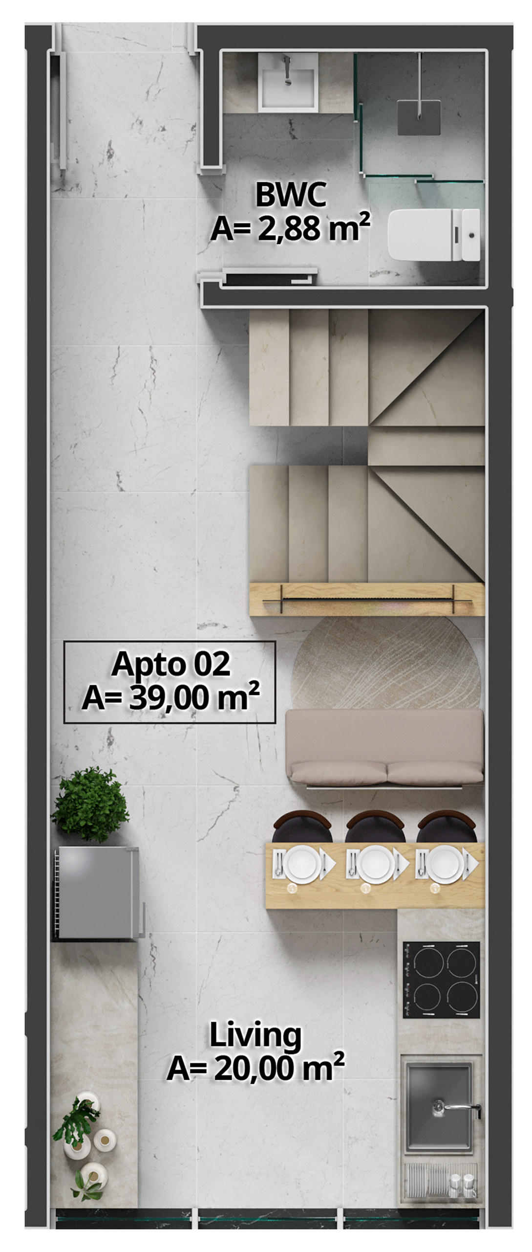 Costa Serenità — Planta do Loft Duplex 02 (39 m²), Mella Construtora, Balneário Perequê, Porto Belo SC Costa Serenità — Planta do Loft Duplex 02 (39 m²), Mella Construtora, Balneário Perequê, Porto Belo SC