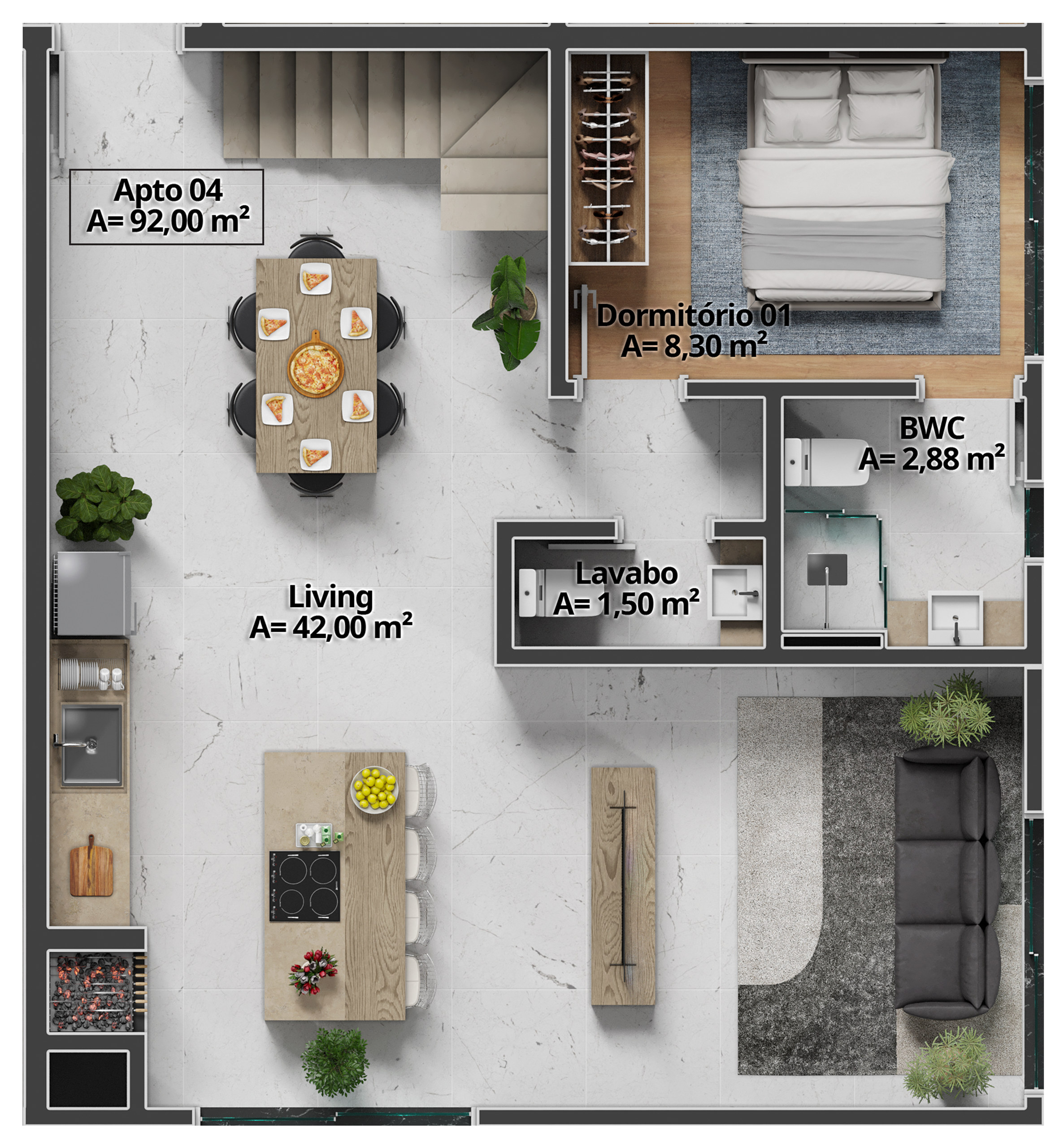 Costa Serenità — Planta do Duplex 04 (92 m²), Mella Construtora, Balneário Perequê, Porto Belo SC Costa Serenità — Planta do Duplex 04 (92 m²), Mella Construtora, Balneário Perequê, Porto Belo SC