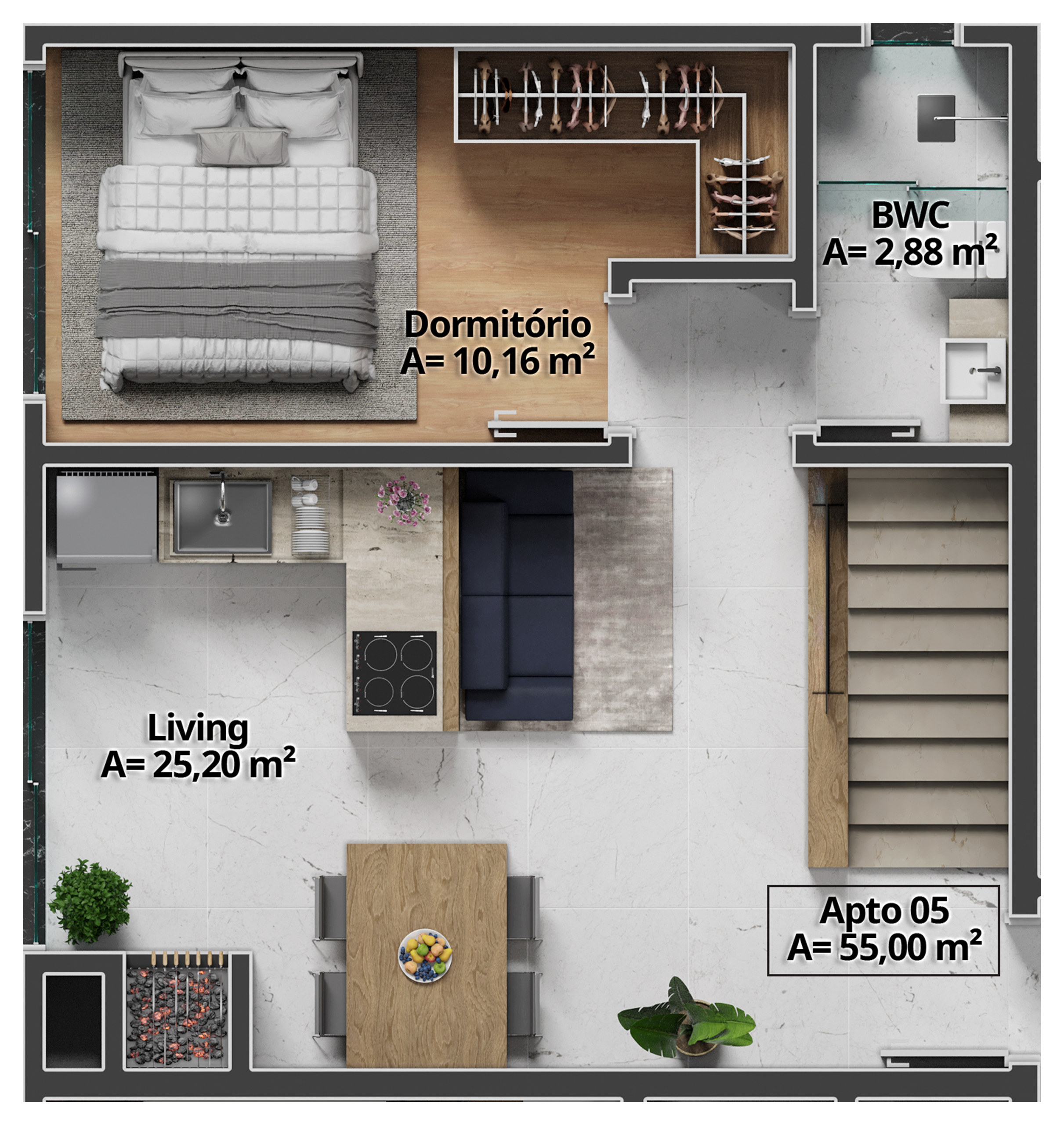 Costa Serenità — Planta do Duplex 05 (55 m²), Mella Construtora, Balneário Perequê, Porto Belo SC Costa Serenità — Planta do Duplex 05 (55 m²), Mella Construtora, Balneário Perequê, Porto Belo SC