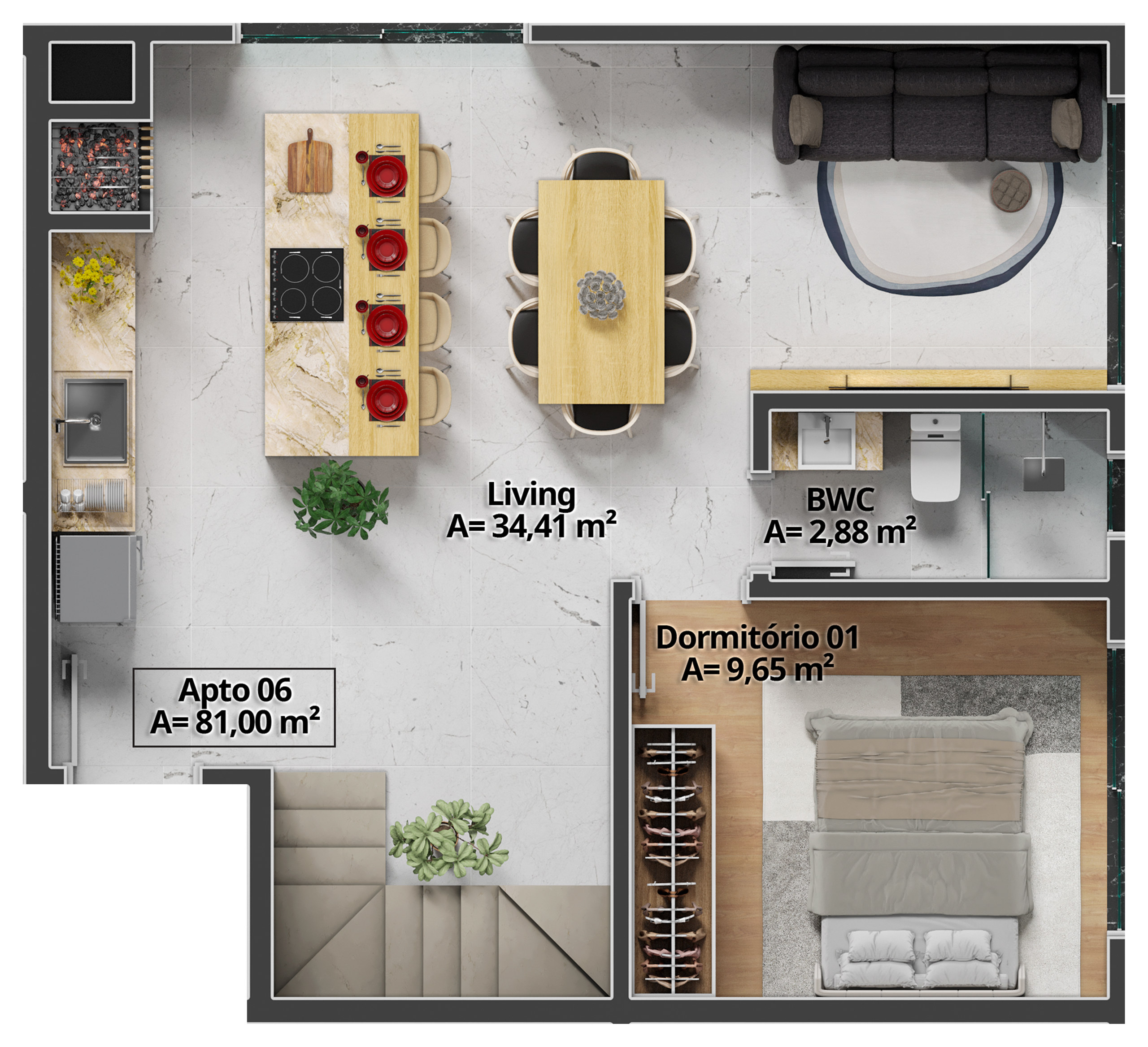 Costa Serenità — Planta do Duplex 06 (81 m²), Mella Construtora, Balneário Perequê, Porto Belo SC Costa Serenità — Planta do Duplex 06 (81 m²), Mella Construtora, Balneário Perequê, Porto Belo SC
