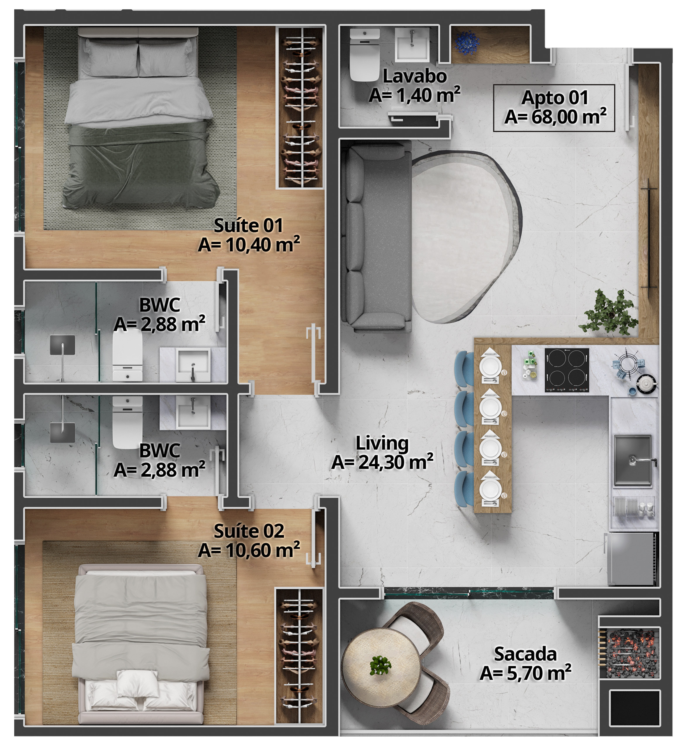 Costa Serenità — Planta do Tipo 01 (68 m², Mella Construtora, Balneário Perequê, Porto Belo SC Costa Serenità — Planta do Tipo 01 (68 m², Mella Construtora, Balneário Perequê, Porto Belo SC