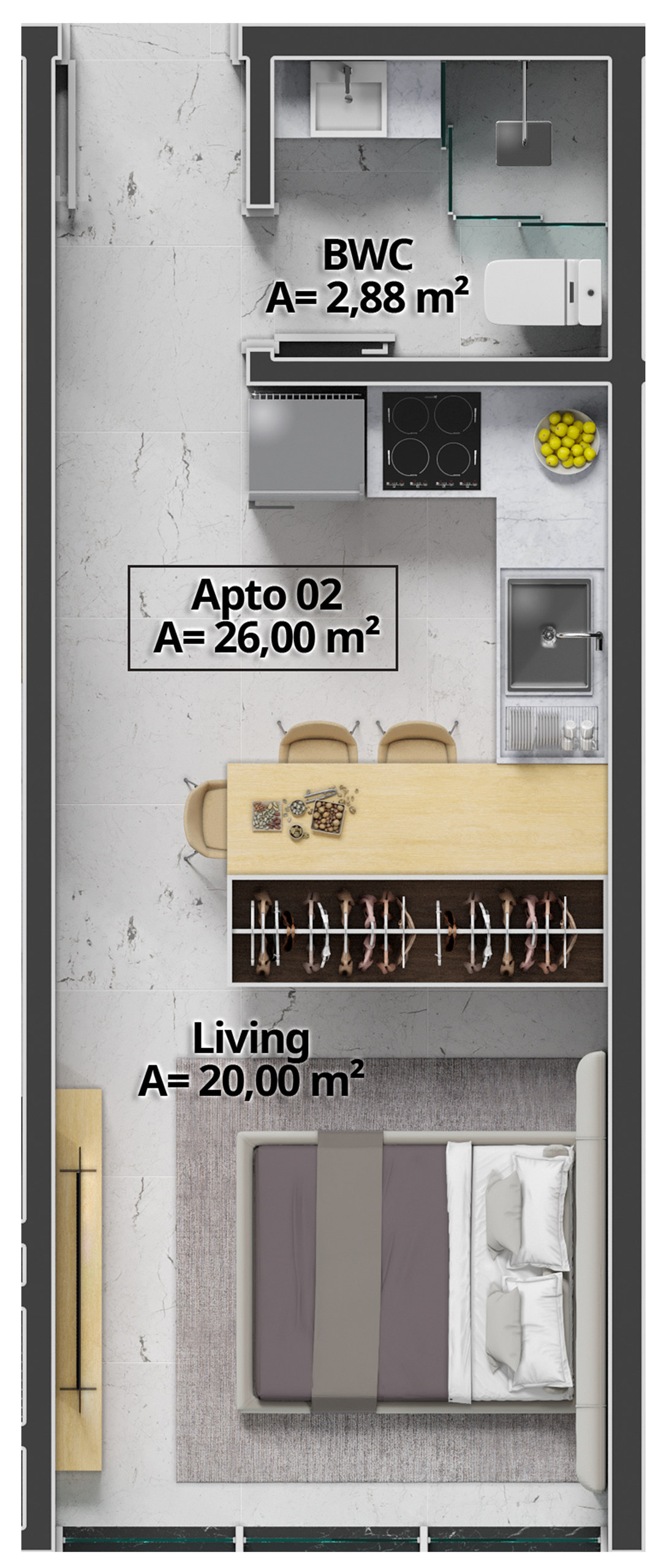 Costa Serenità — Planta do Tipo 02 (26 m²), Mella Construtora, Balneário Perequê, Porto Belo SC Costa Serenità — Planta do Tipo 02 (26 m²), Mella Construtora, Balneário Perequê, Porto Belo SC