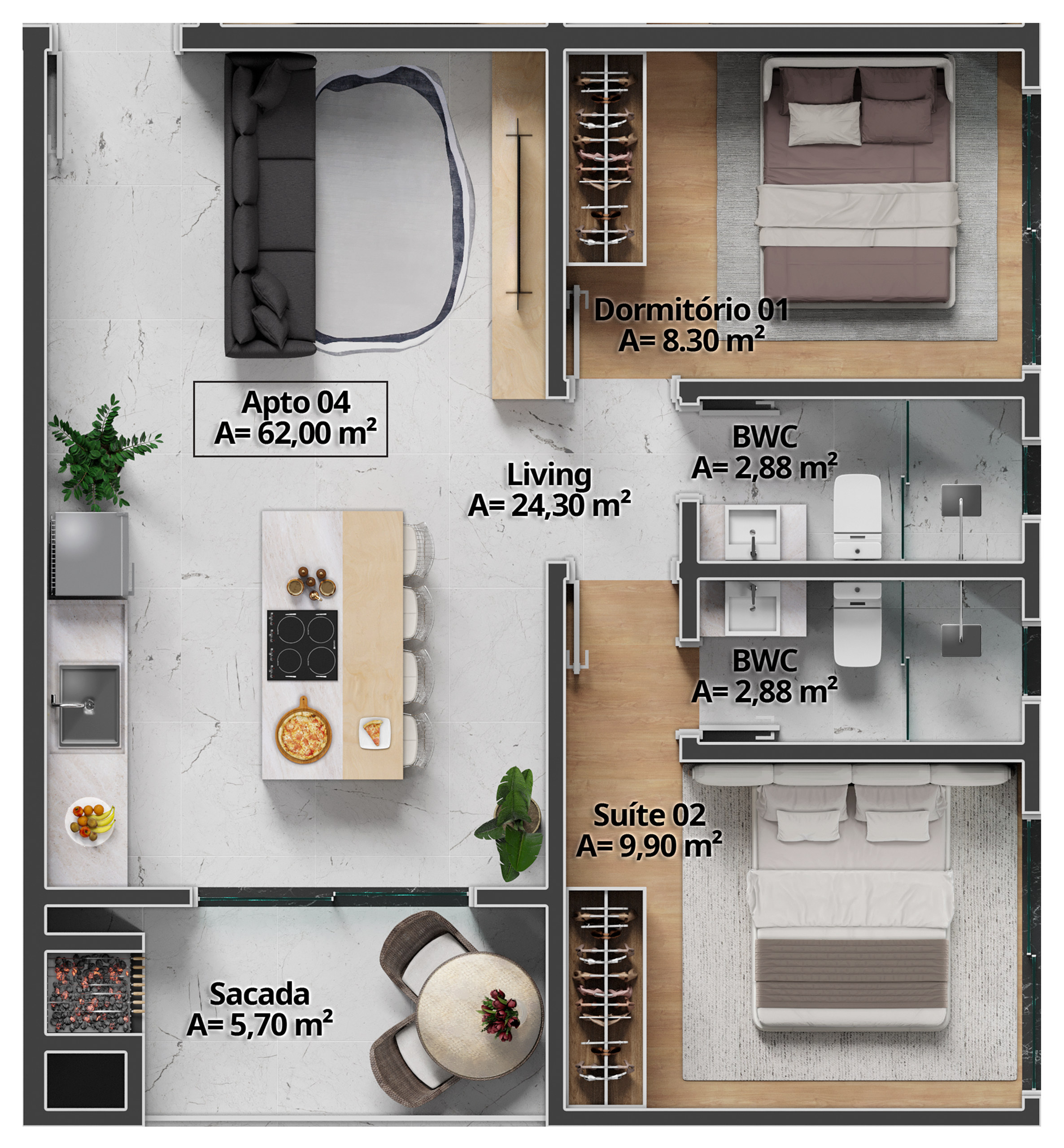Costa Serenità — Planta do Tipo 04 (62 m²), Mella Construtora, Balneário Perequê, Porto Belo SC Costa Serenità — Planta do Tipo 04 (62 m²), Mella Construtora, Balneário Perequê, Porto Belo SC