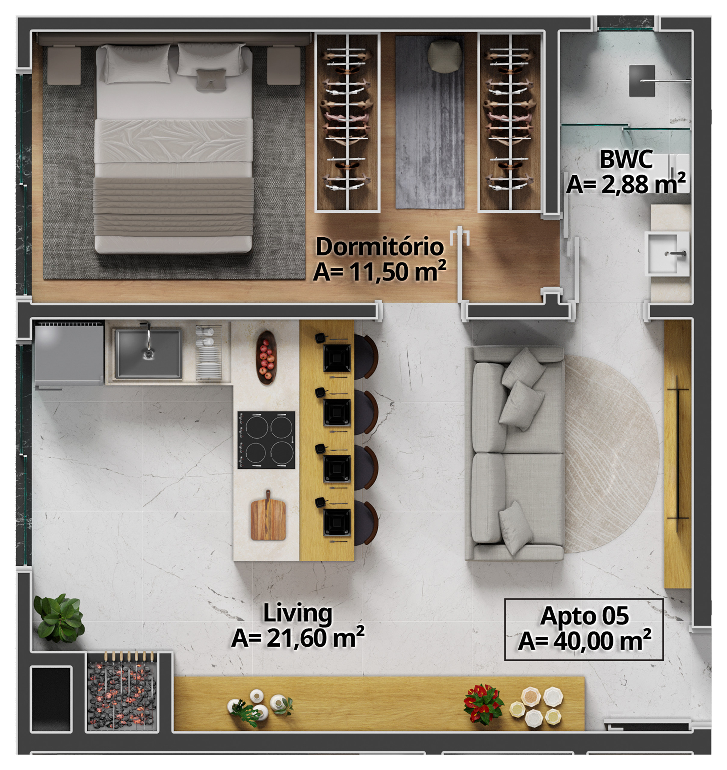 Costa Serenità — Planta do Tipo 05 (40 m²), Mella Construtora, Balneário Perequê, Porto Belo SC Costa Serenità — Planta do Tipo 05 (40 m²), Mella Construtora, Balneário Perequê, Porto Belo SC