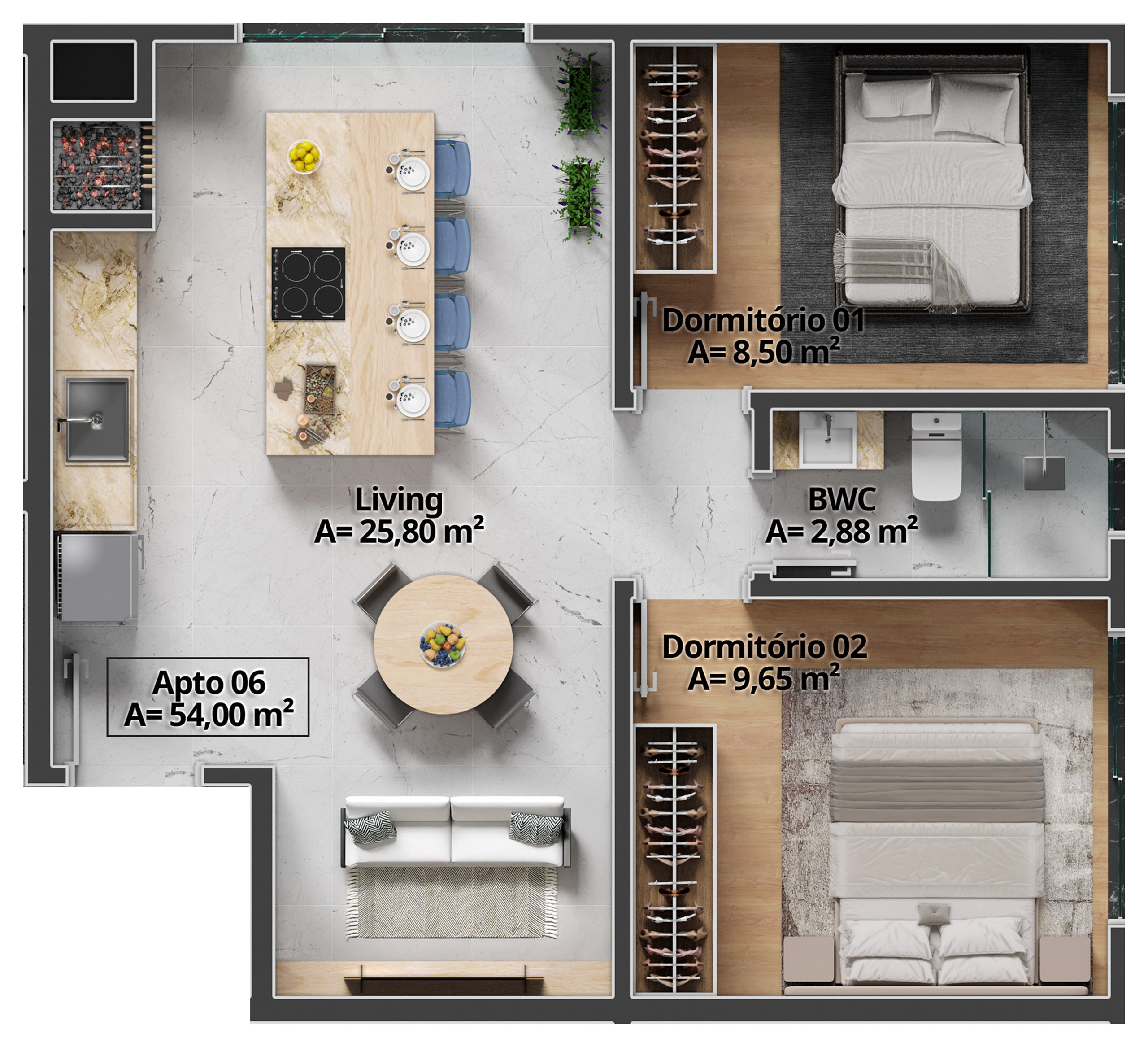 Costa Serenità — Planta do Tipo 06 (54 m²), Mella Construtora, Balneário Perequê, Porto Belo SC Costa Serenità — Planta do Tipo 06 (54 m²), Mella Construtora, Balneário Perequê, Porto Belo SC