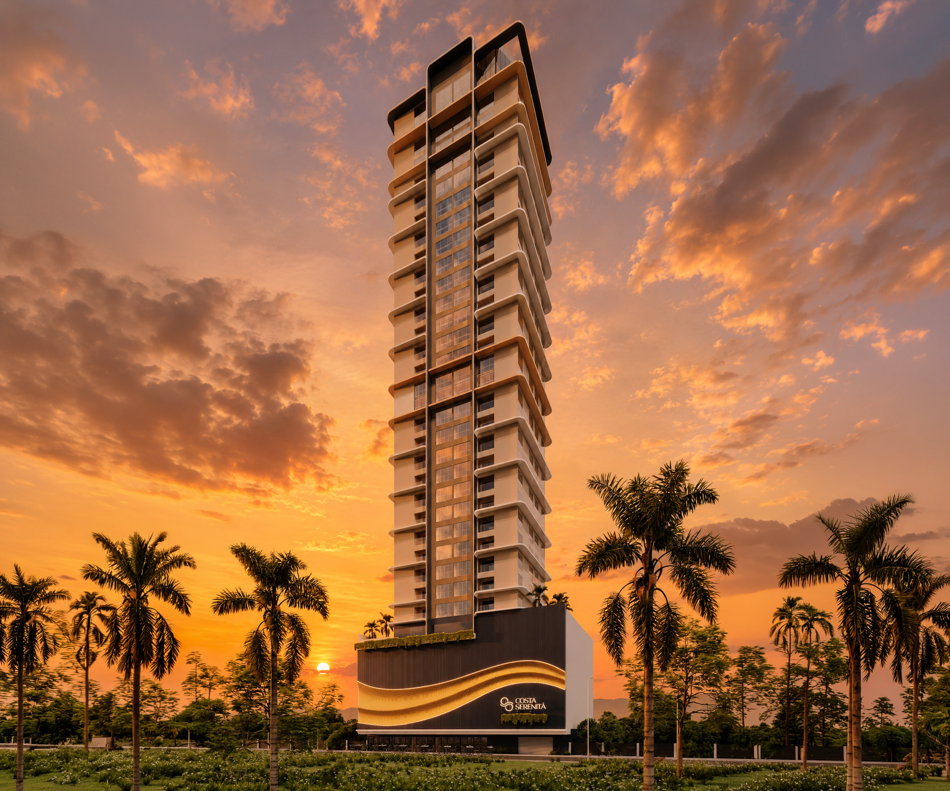 Costa Serenità — Torre ao pôr do sol entre palmeiras, Mella Construtora, Balneário Perequê, Porto Belo SC Costa Serenità — Torre ao pôr do sol entre palmeiras, Mella Construtora, Balneário Perequê, Porto Belo SC