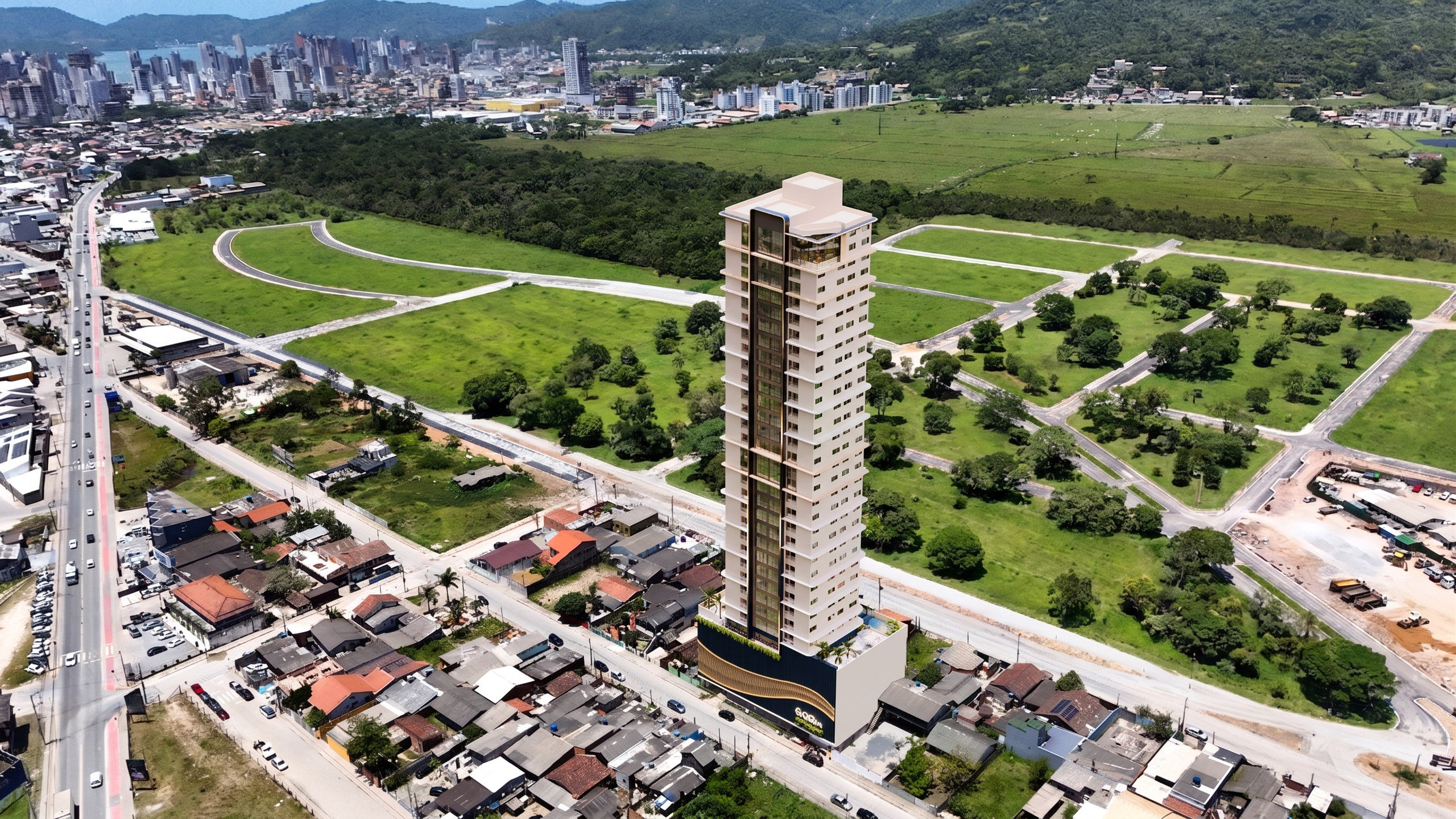 Costa Serenità — Vista aérea do bairro e da torre, Mella Construtora, Balneário Perequê, Porto Belo SC Costa Serenità — Vista aérea do bairro e da torre, Mella Construtora, Balneário Perequê, Porto Belo SC