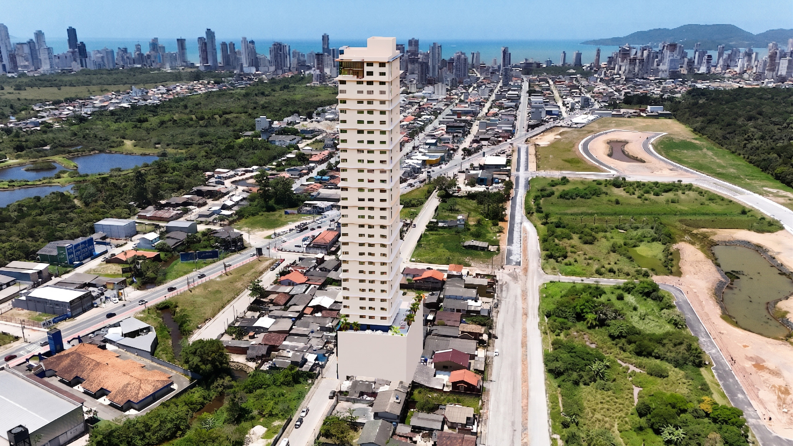 Costa Serenità — Vista aérea da torre e da região, Mella Construtora, Balneário Perequê, Porto Belo SC Costa Serenità — Vista aérea da torre e da região, Mella Construtora, Balneário Perequê, Porto Belo SC