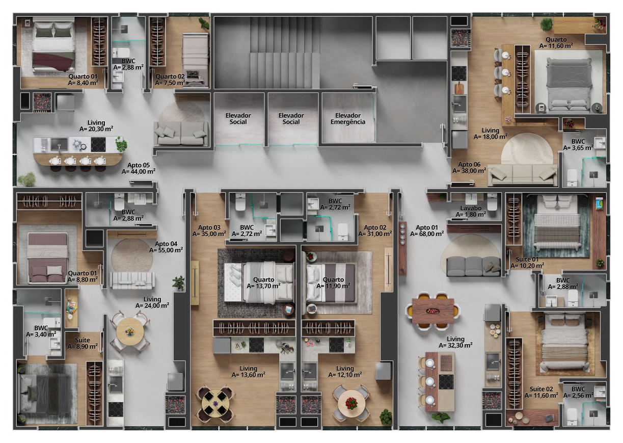 Elevare Home — Planta do pavimento tipo: studios de 31 a 38 m², Pazcon Empreendimentos, Balneário Perequê, Porto Belo SC Elevare Home — Planta do pavimento tipo: studios de 31 a 38 m², Pazcon Empreendimentos, Balneário Perequê, Porto Belo SC
