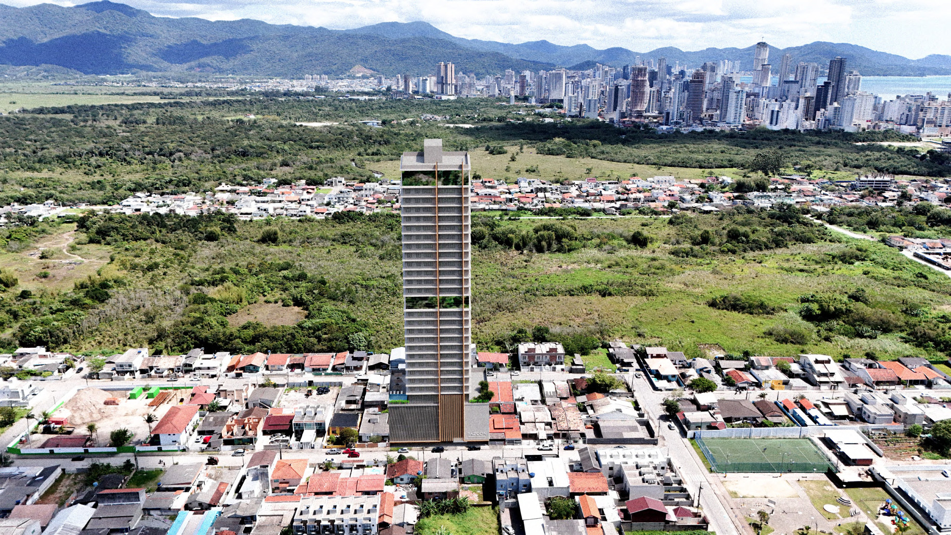 Vista aérea do Elevare Home, da Pazcon Empreendimentos, no Balneário Perequê, Porto Belo SC