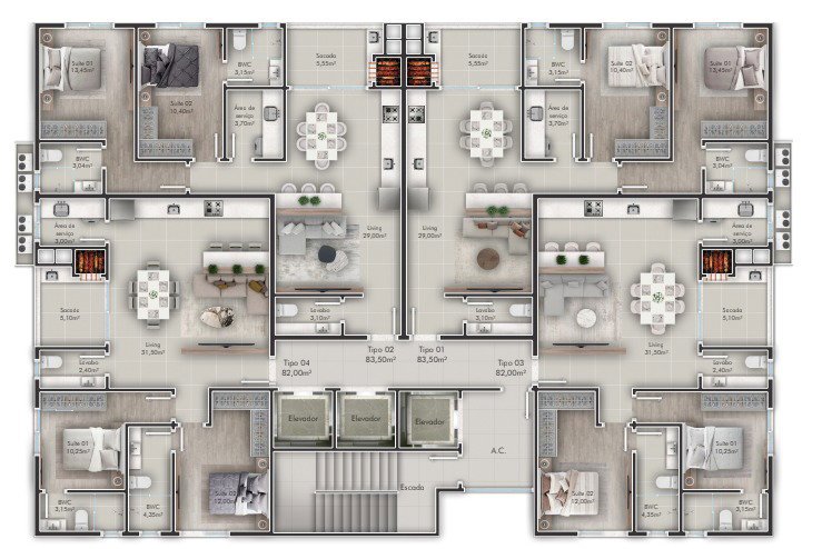 Ethan Tower — planta e tipologias 4, Asael Empreendimentos, Balneário Perequê, Porto Belo SC Ethan Tower — planta e tipologias 4, Asael Empreendimentos, Balneário Perequê, Porto Belo SC